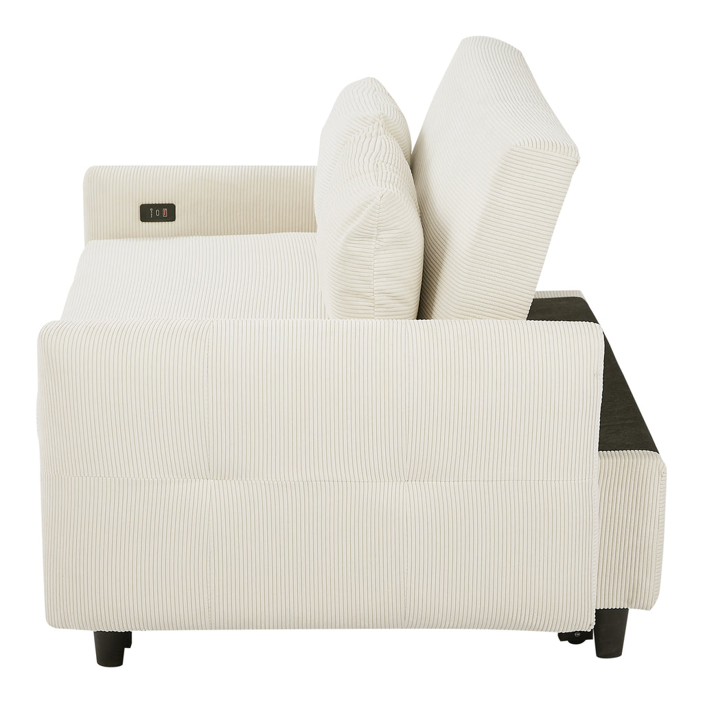 Modern Convertible Pull-out Sofa Bed with USB Ports and Pillows, Beige Corduroy, 57.48 inches - Grand Goldman Shop