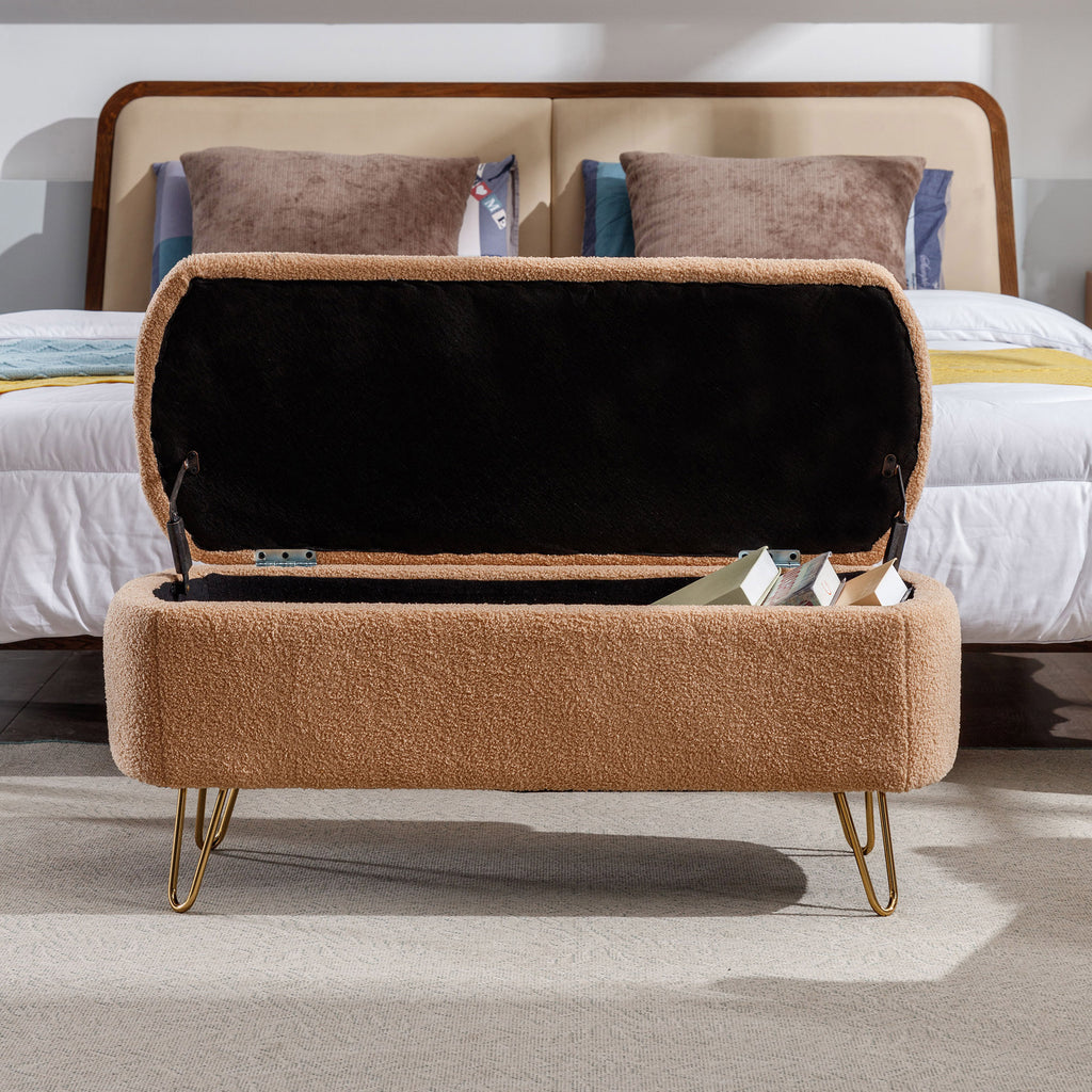 Camel Storage Ottoman Bench for End of Bed Gold Legs, Modern Camel Faux Fur Entryway Bench Upholstered Padded with Storage for Living Room Bedroom - Grand Goldman Shop