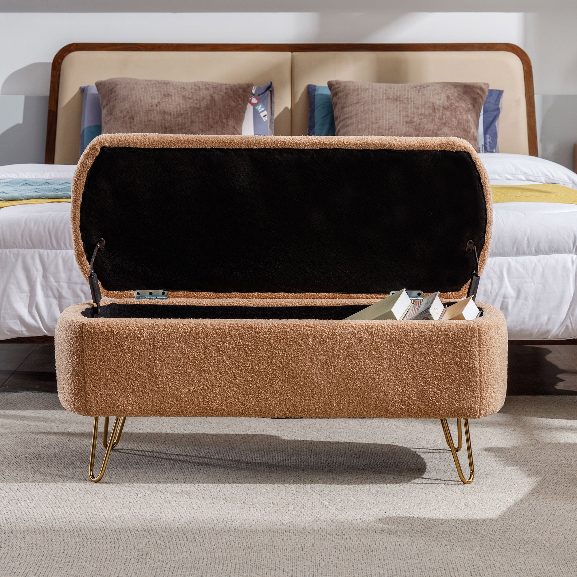 Camel Storage Ottoman Bench for End of Bed Gold Legs, Modern Camel Faux Fur Entryway Bench Upholstered Padded with Storage for Living Room Bedroom - Grand Goldman Shop