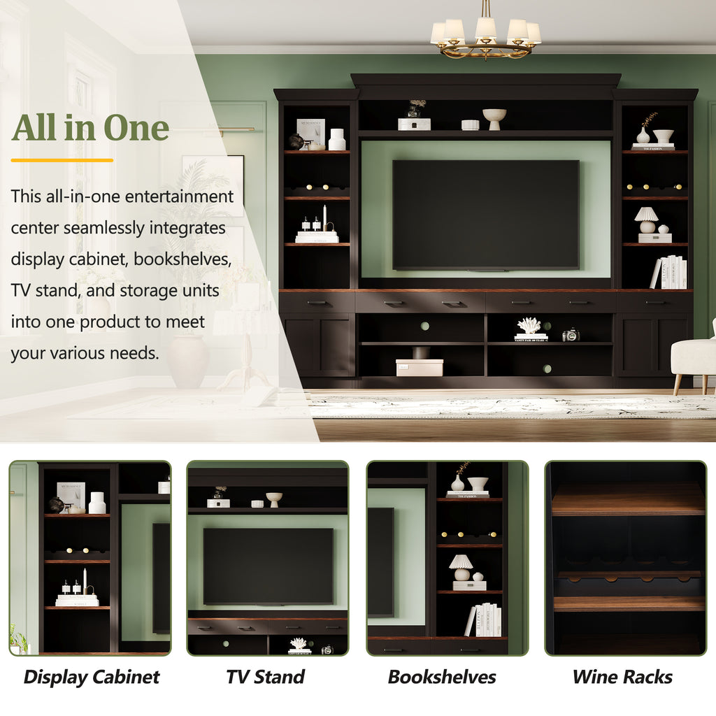 Farmhouse Entertainment Wall Unit with Bookshelf for TVs Up to 70', Walnut TV Stand with Adjustable Shelves, Mid-Century Media Console with Wine Rack for Living Room, Black (NEW SKU: N721S000046B-2) - Grand Goldman Shop