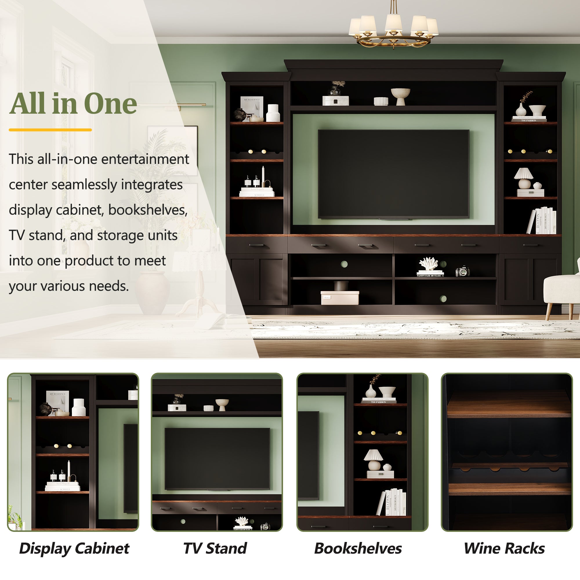 Farmhouse Entertainment Wall Unit with Bookshelf for TVs Up to 70', Walnut TV Stand with Adjustable Shelves, Mid-Century Media Console with Wine Rack for Living Room, Black (NEW SKU: N721S000046B-2) - Grand Goldman Shop