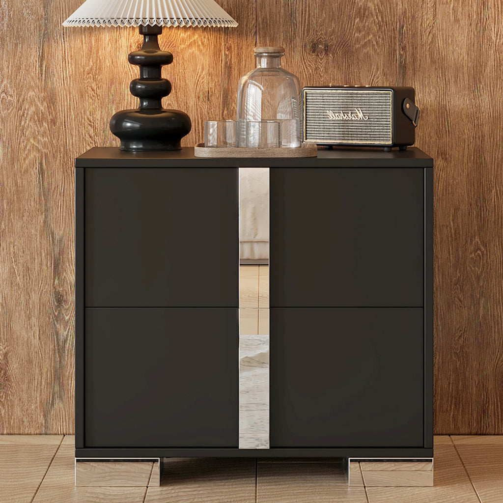 Elegant Nightstand with Metal Foot, Mirrored Bedside Table with 2 Drawers for Bedroom, Living Room, Black - Grand Goldman Shop
