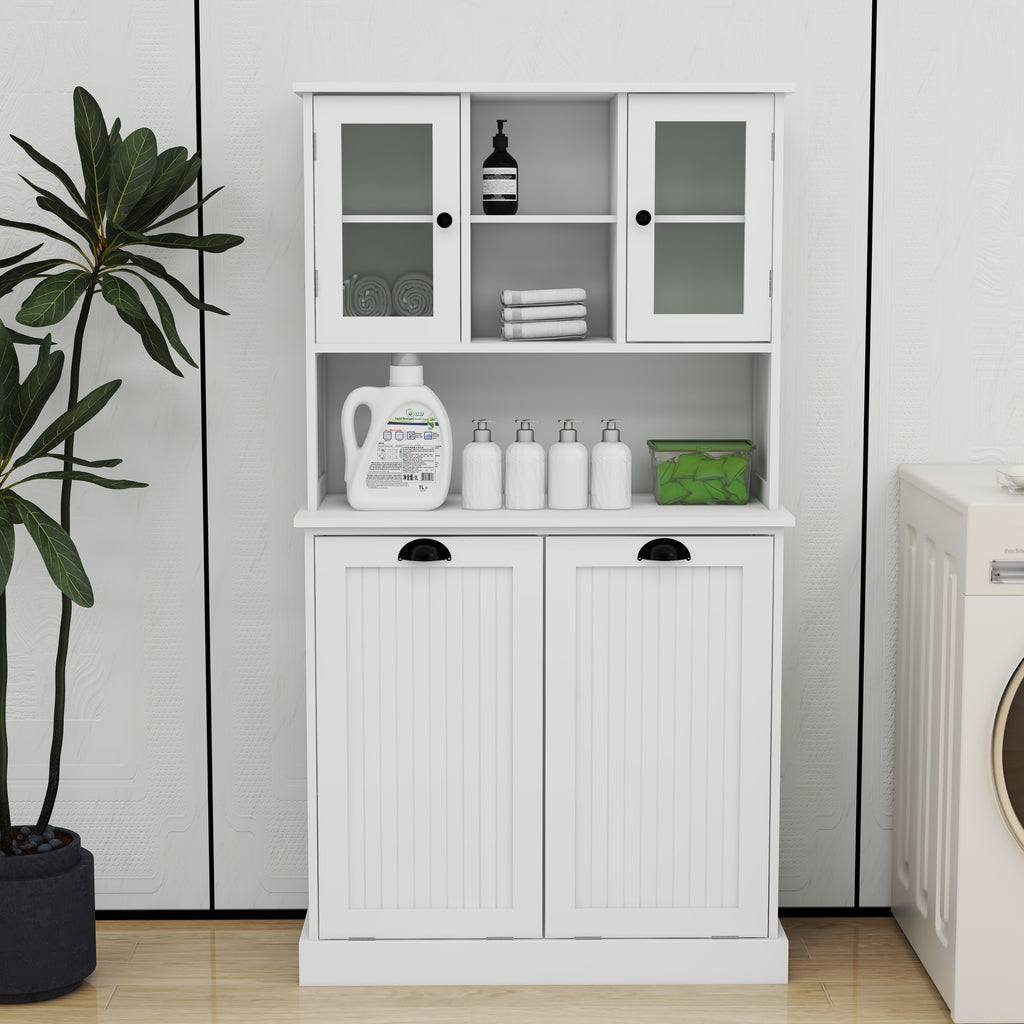 Two-Compartment Tilt-Out Dirty Laundry Basket Tall Bathroom Cabinet with 2 Adjustable Shelves-White - Grand Goldman Shop
