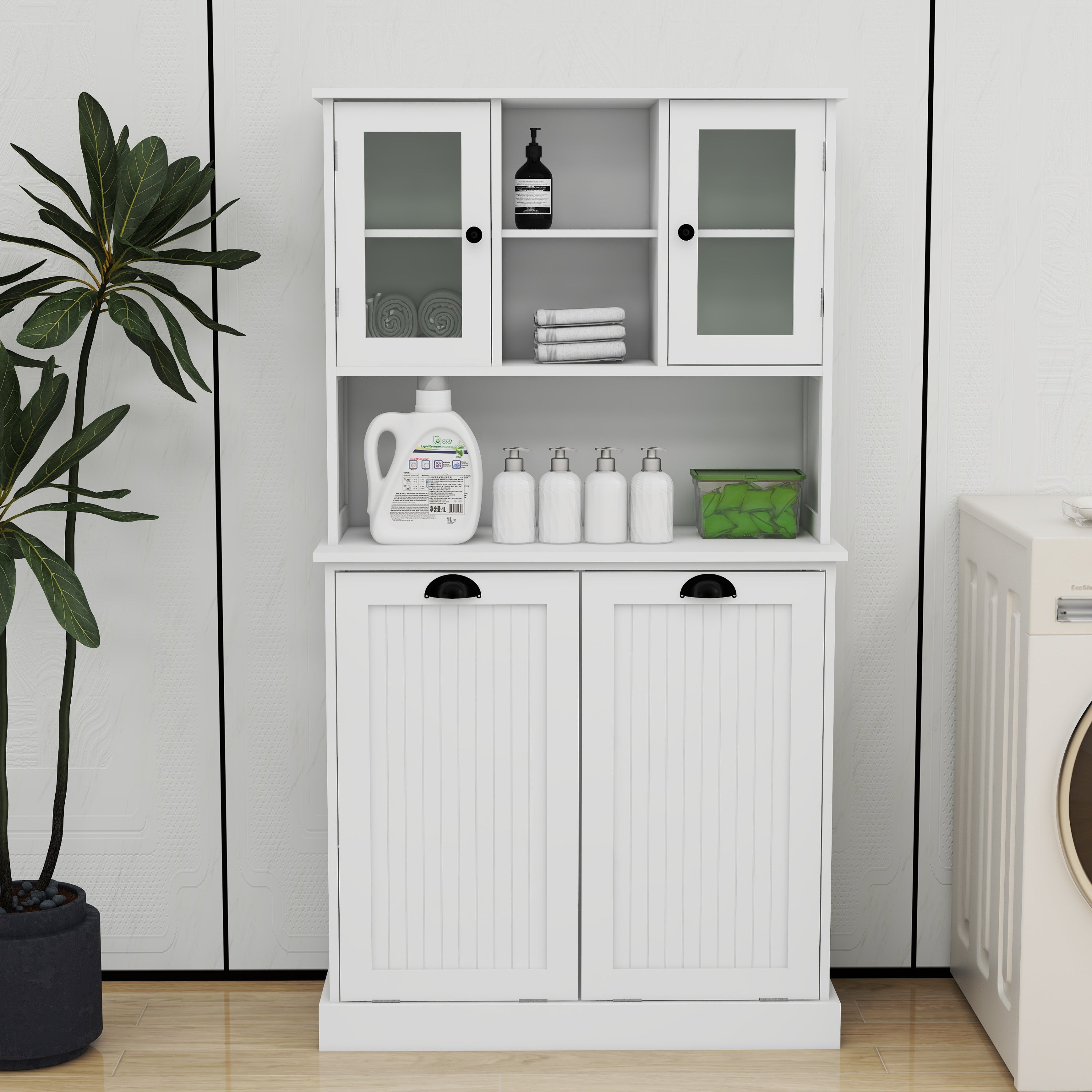 Two-Compartment Tilt-Out Dirty Laundry Basket Tall Bathroom Cabinet with 2 Adjustable Shelves-White - Grand Goldman Shop