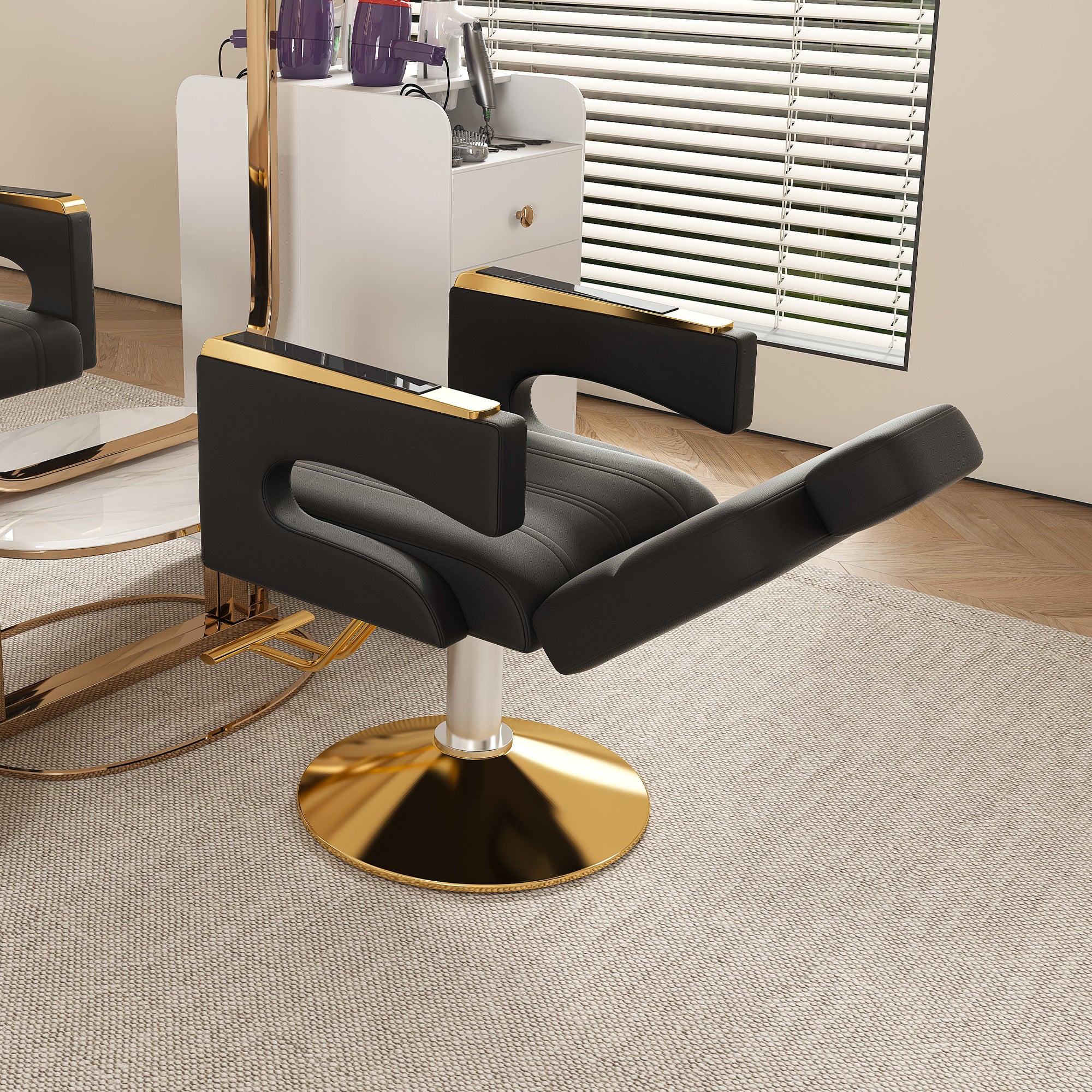 Professional Hydraulic Barber Chair with 360° Swivel, Adjustable Height, Stainless Steel Armrests & Reclining Backrest in Black & Gold - Grand Goldman Shop