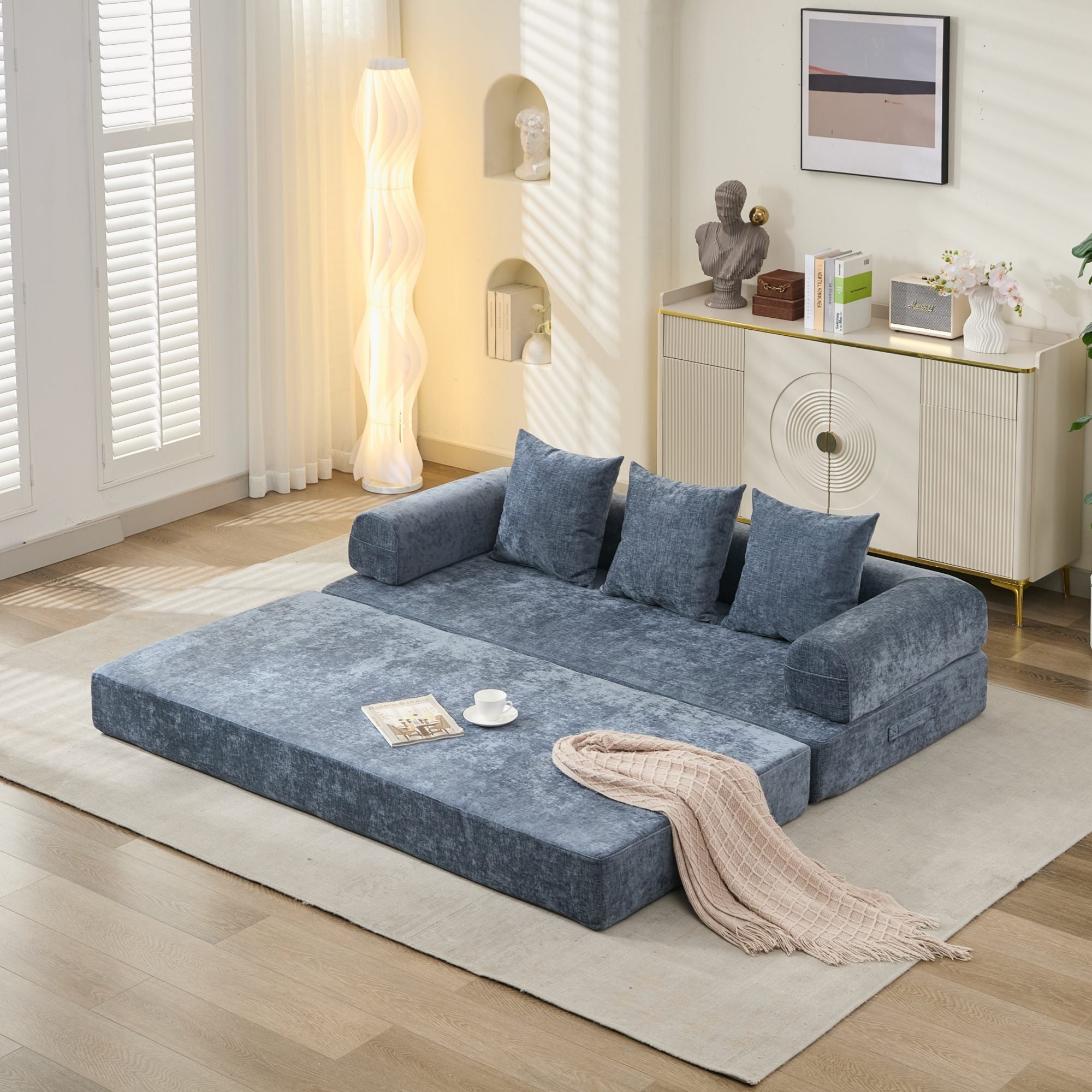Comfy Convertible Folding Mattress Couch, Floor Sofa Bed, Chenille Floor Sofa with Armrest, Floor Sofa Lounge Couch for Living Room Bedroom Lounge Studio-Blue - Grand Goldman Shop