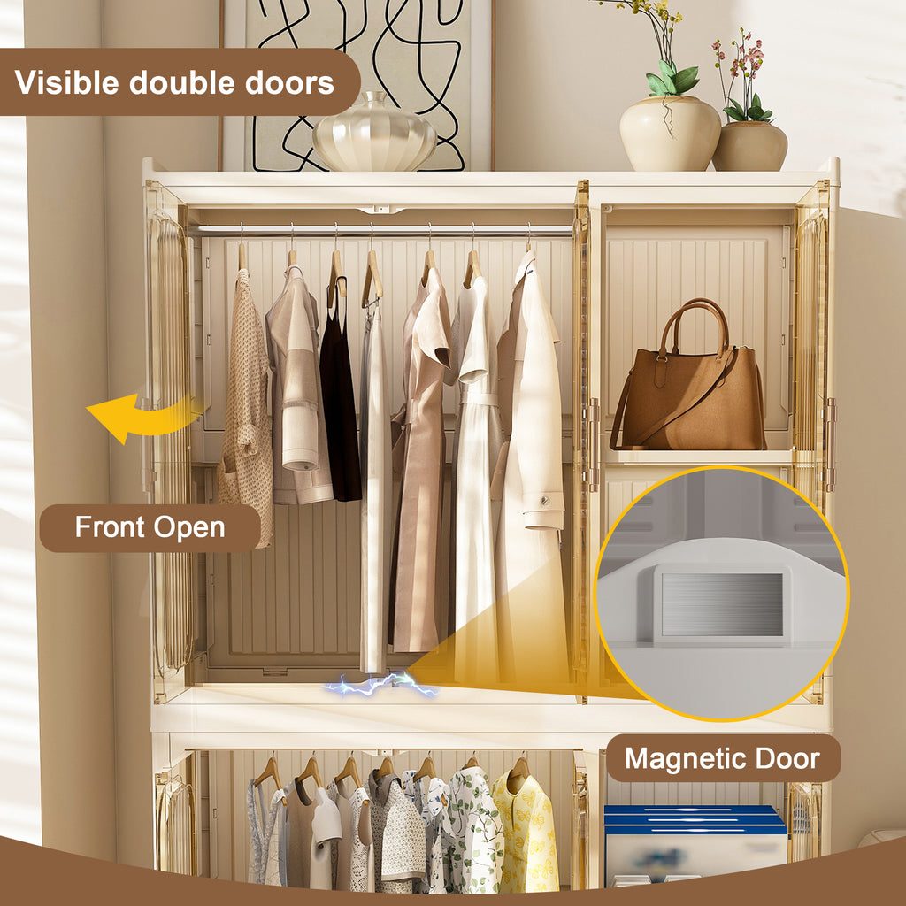 Portable Wardrobe Closet Storage Organizer for Clothes, 6 Magnetic Doors with 6 Cubes & 2 Hanging Rods, 6 Hangers, White, Child-Safe PP+ABS Material - Grand Goldman Shop