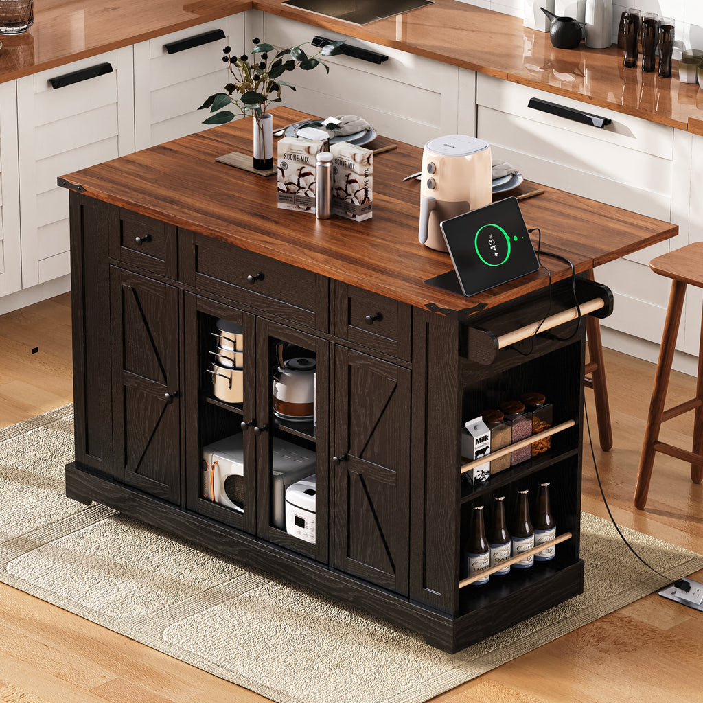 K&K 53'' Farmhouse Kitchen Island with Two Tempered Glass Cabinet Doors, Power Outlet, Rolling Kitchen Cart on Wheels with Drop Leaf, 5 Open Side Racks, 3 Drawers, for Kitchen, Dining Room, Black - Grand Goldman Shop