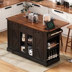 K&K 53'' Farmhouse Kitchen Island with Two Tempered Glass Cabinet Doors, Power Outlet, Rolling Kitchen Cart on Wheels with Drop Leaf, 5 Open Side Racks, 3 Drawers, for Kitchen, Dining Room, Black - Grand Goldman Shop