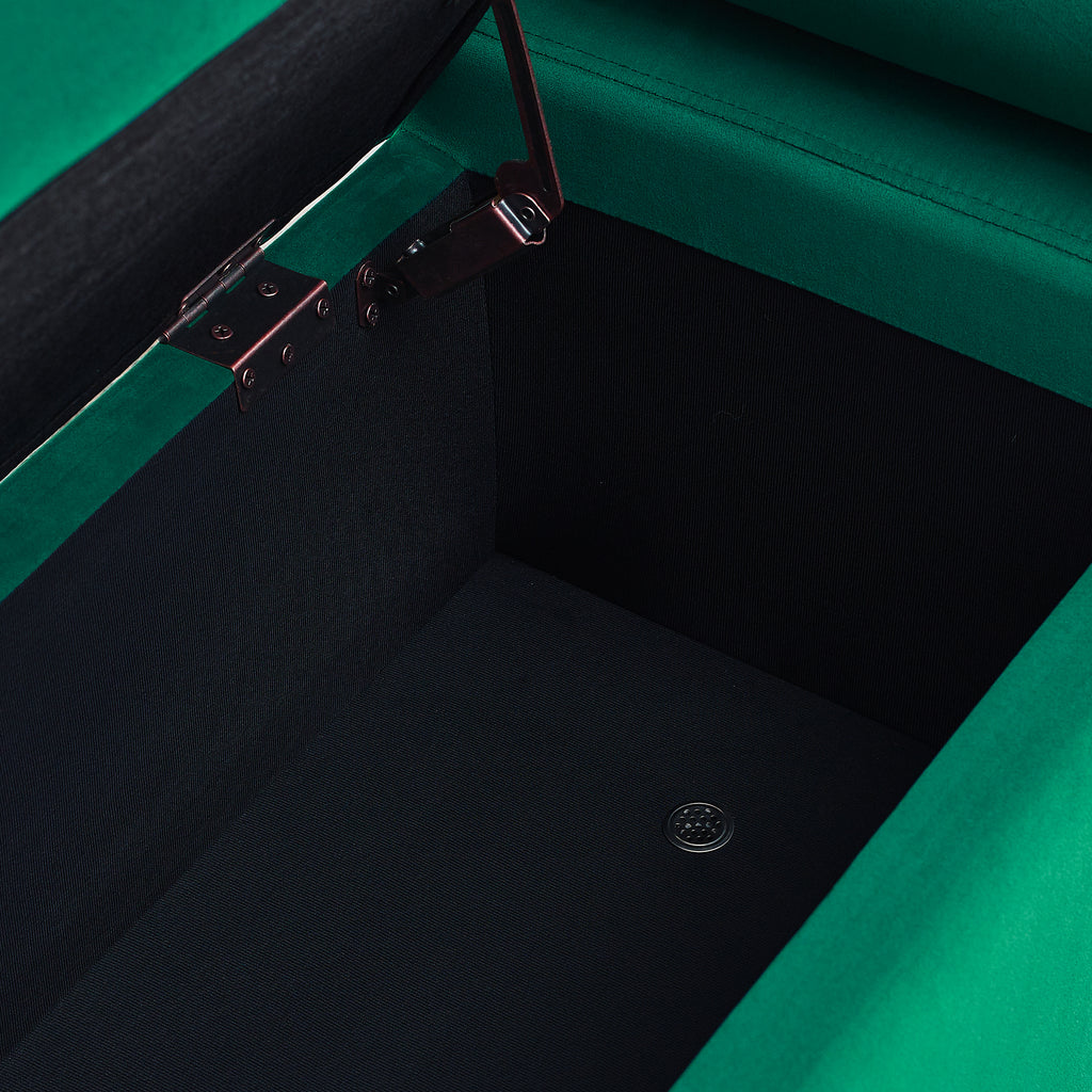 Elegant Upholstered Velvet Storage Bench with Cylindrical Arms and Iron Legs, Green - Grand Goldman Shop