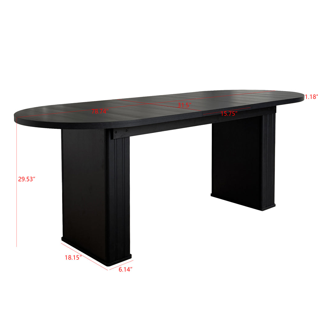 Kitchen extendable dining table for 4-8 people, oval kitchen table with wooden strip base for family living room (black) - Grand Goldman Shop
