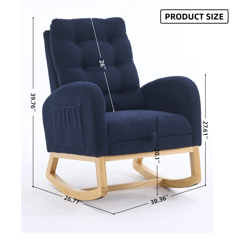 LY-5104 Accent Rocking Chair with Footrest & Storage Pocket, Deep Navy Blue High-Back Rocker, Rubber Wood Lounge Chair for Nursery Living Room, 38.36'W x 26.77'D x 39.76'H - Grand Goldman Shop