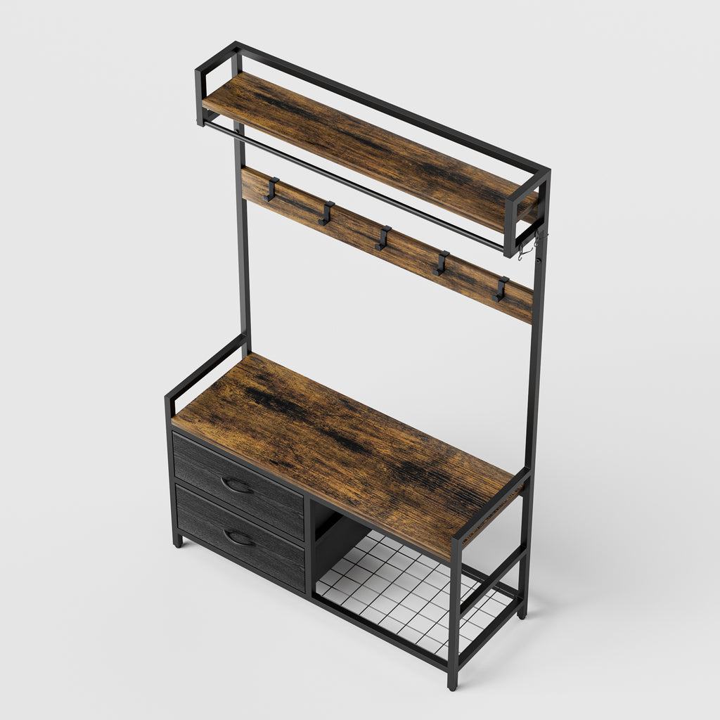 Rustic Brown 33.1' Wide Hall Tree with 2 Movable Drawers, Shoe Storage, Shelves, Garment Racks, and 23 Hooks for Entryway or Corner - Grand Goldman Shop