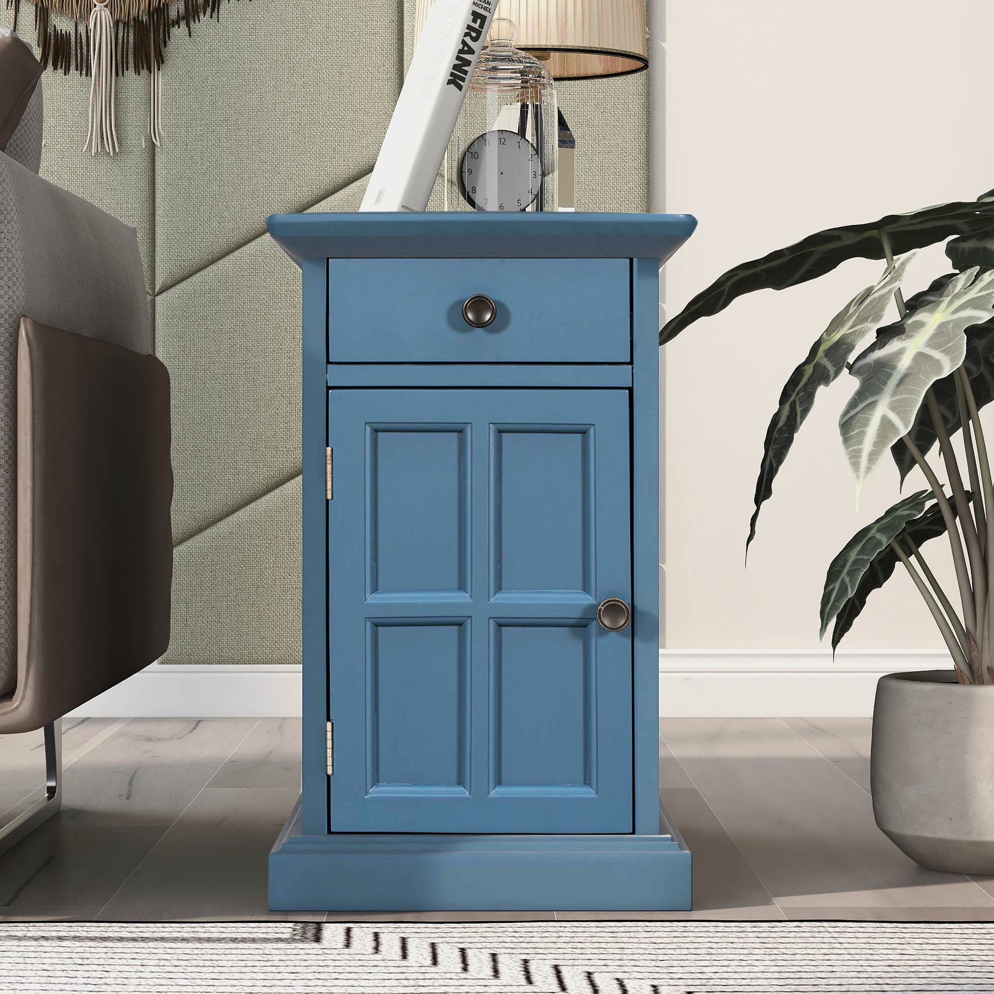 U-Can Classic Vintage Livingroom End Table Side Table with USB Ports and One Multifunctional Drawer with cup holders, Antique Navy (Old SKU: WF296294AAM) - Grand Goldman Shop