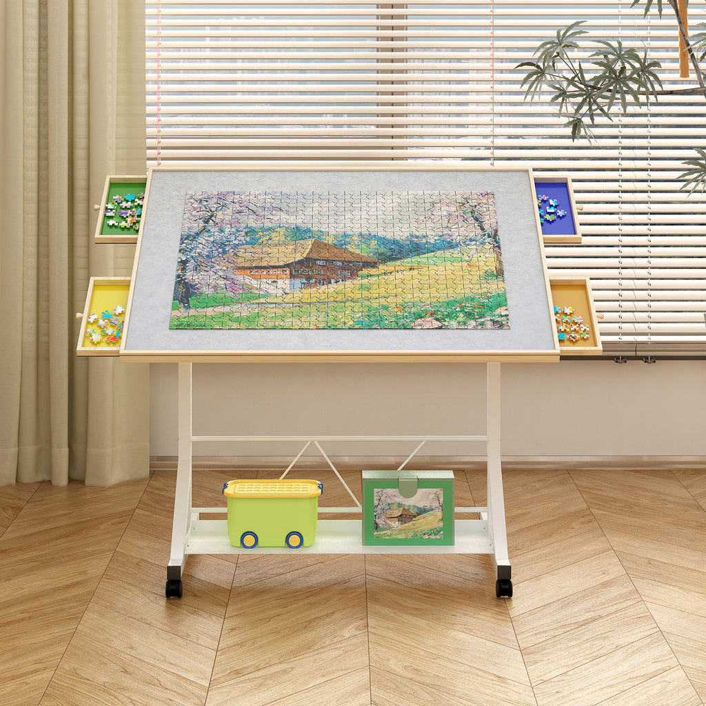 (WHITE) Wooden 1500 Piece Puzzle Table with Drawer, 35'*27.17' Adjustable Puzzle Table, 360° Tilting Puzzle Table with Legs a