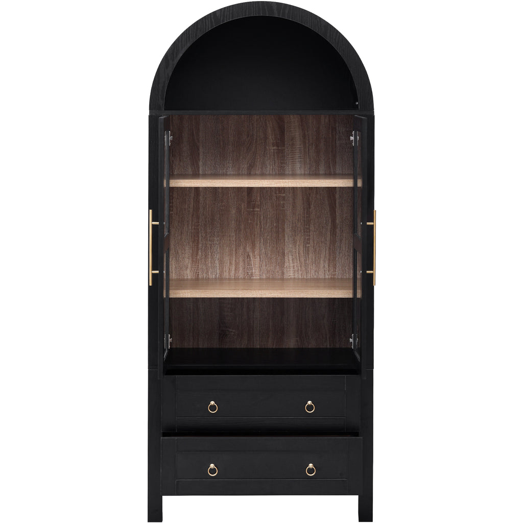 K&K 71' Tall Arched Kitchen Pantry Cabinet with 2 Large Drawers, Modern Farmhouse Kitchen Storage Cabinets with Adjustable Shelves, Glass Door, Wood Versatile Cupboard for Kitchens, Dining Room, Black - Grand Goldman Shop
