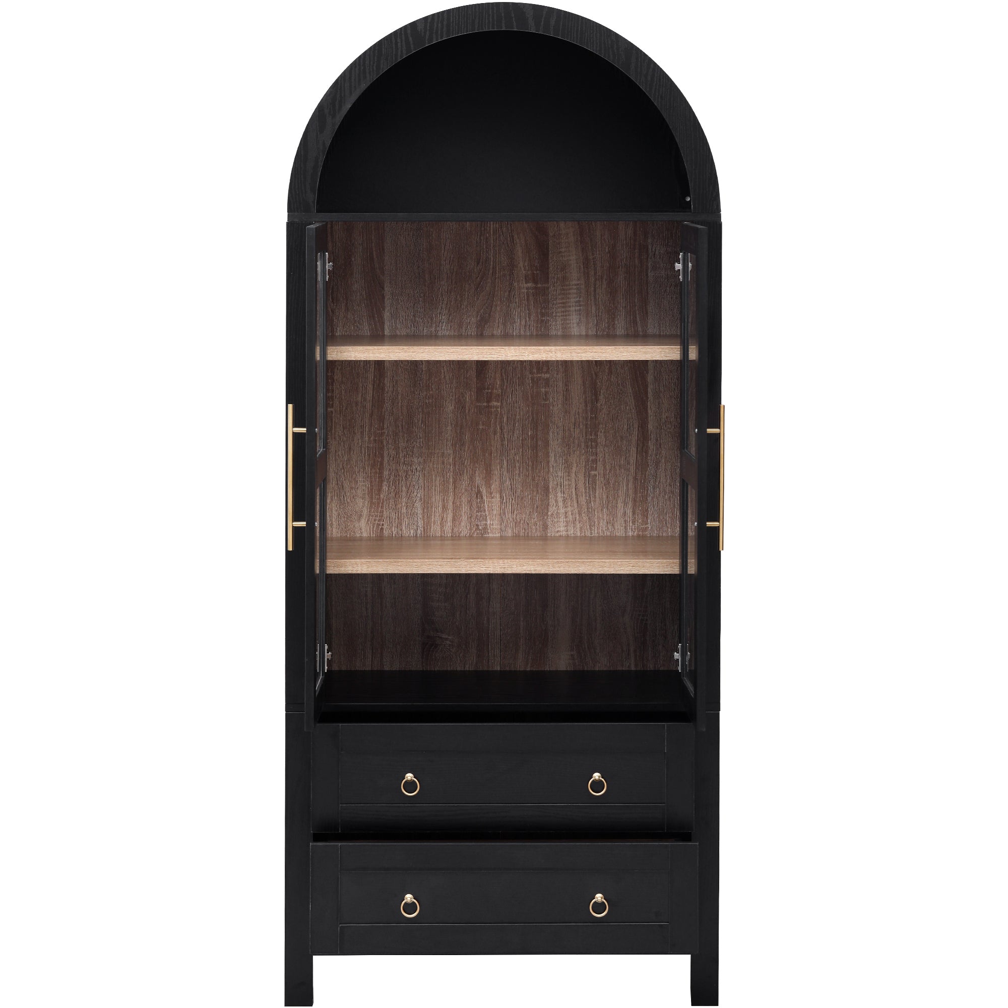 K&K 71' Tall Arched Kitchen Pantry Cabinet with 2 Large Drawers, Modern Farmhouse Kitchen Storage Cabinets with Adjustable Shelves, Glass Door, Wood Versatile Cupboard for Kitchens, Dining Room, Black - Grand Goldman Shop