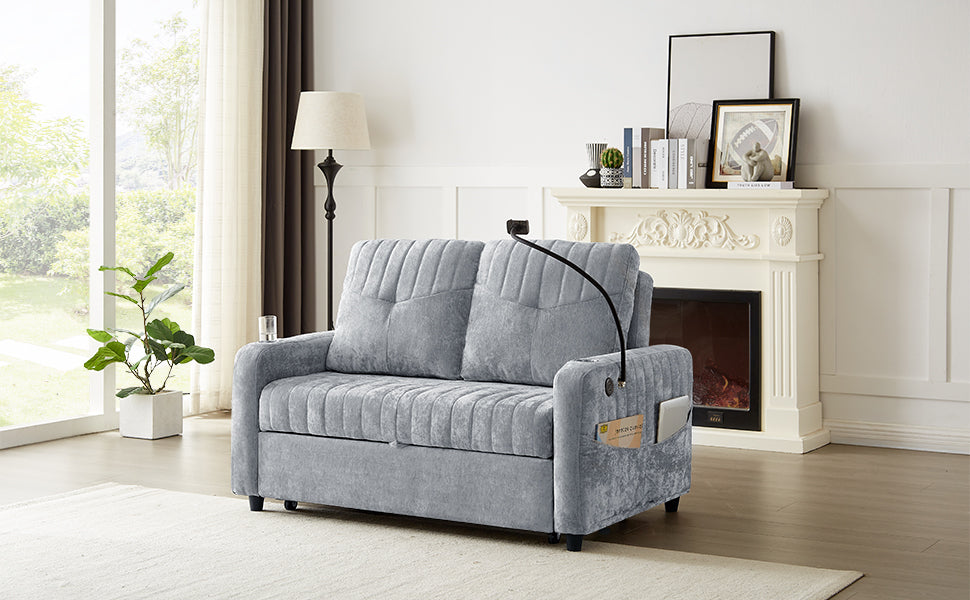Modern Loveseat Pull-out Sofa Bed with Adjustable Backrest, Cup Holders, Phone Holder, Charging Ports, Side Storage Pockets, Grey Chenille - Grand Goldman Shop