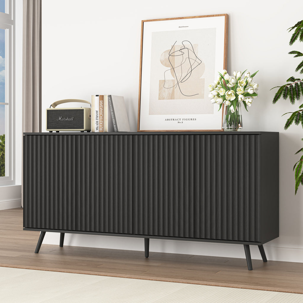 Sideboard Buffet Cabinet with Storage, Long Sideboard Storage Cabinet with 4 Doors, Wood Credenza Console Coffee Bar Cabinets with Adjustable Shelves for Living Room Kitchen Dining Room Black - Grand Goldman Shop
