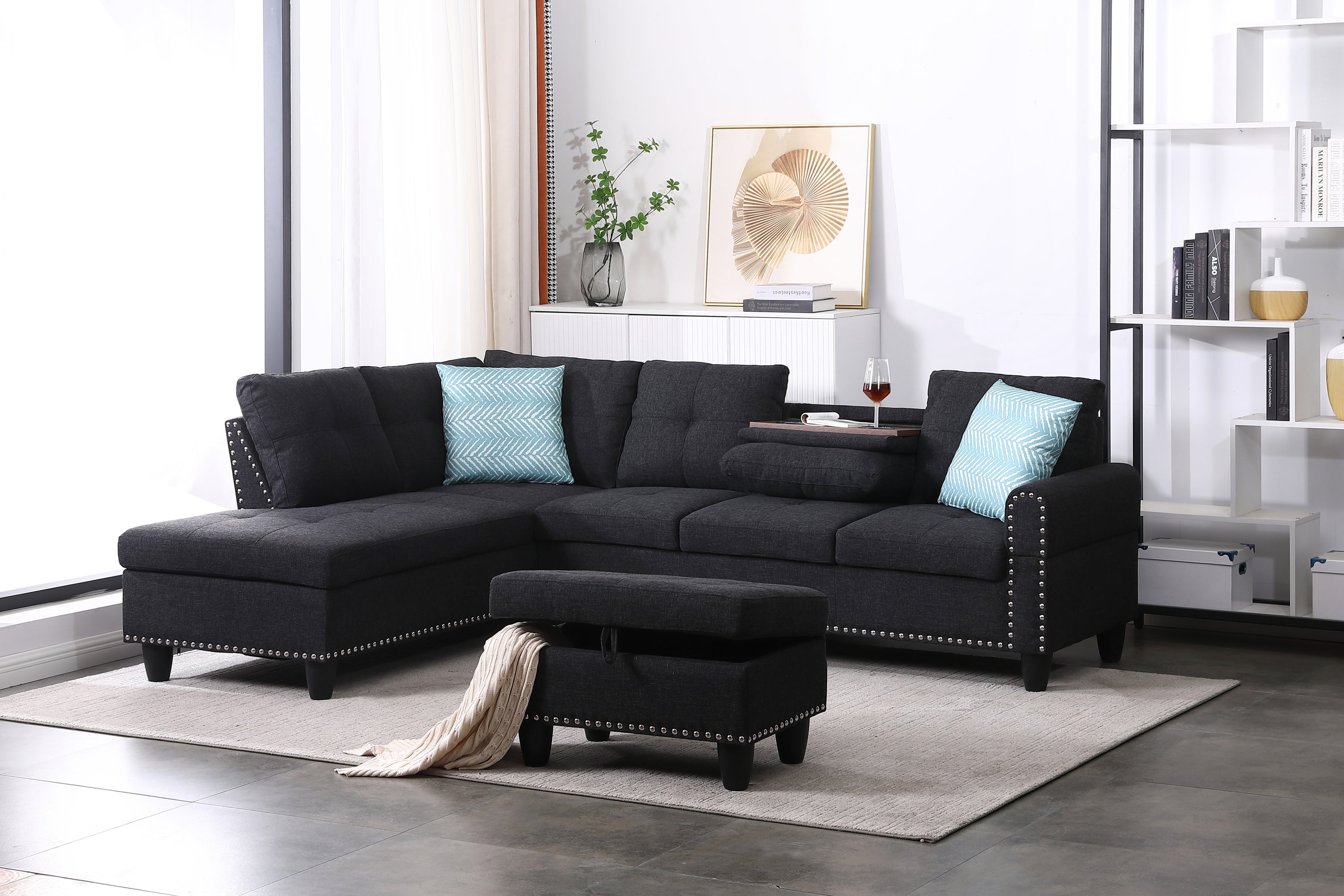 Alger 98' Wide Left Hand Facing Sofa & Chaise with Ottoman - Grand Goldman Shop