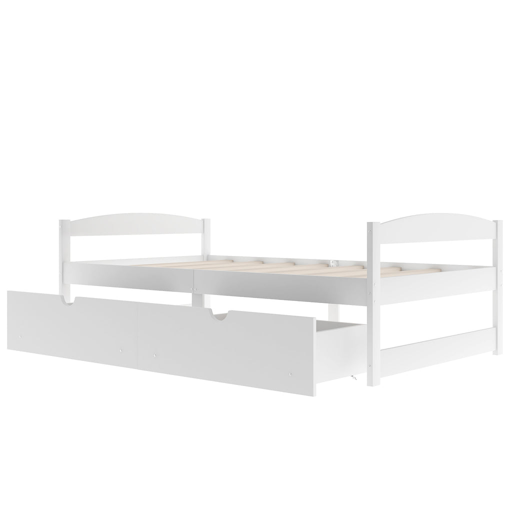 White Twin Size Platform Bed with Two Drawers, Pine Wood and MDF, 77.1''L x 40.7''W x 23.1''H - Grand Goldman Shop