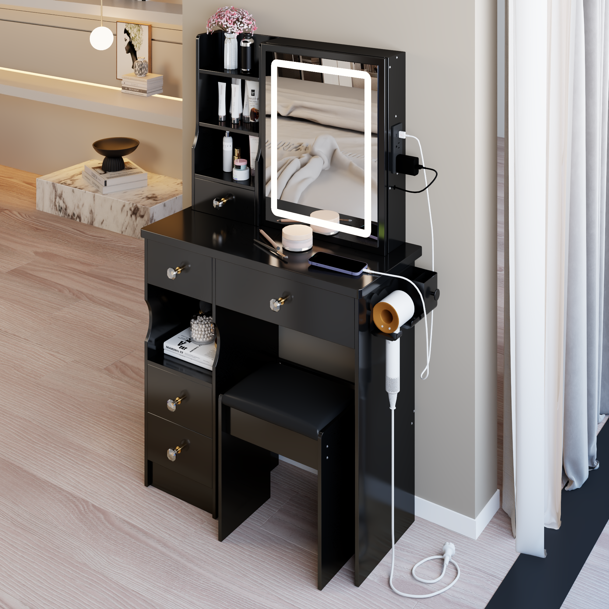 29.2' Small Size Left Drawer Desktop Vanity Table + Cushioned Stool, 2 AC+2 USB Power Station, Hair dryer bracket, Extra Large Touch Control Sliding LED Mirror, Tri-color Switching, Brightness Adjust - Grand Goldman Shop