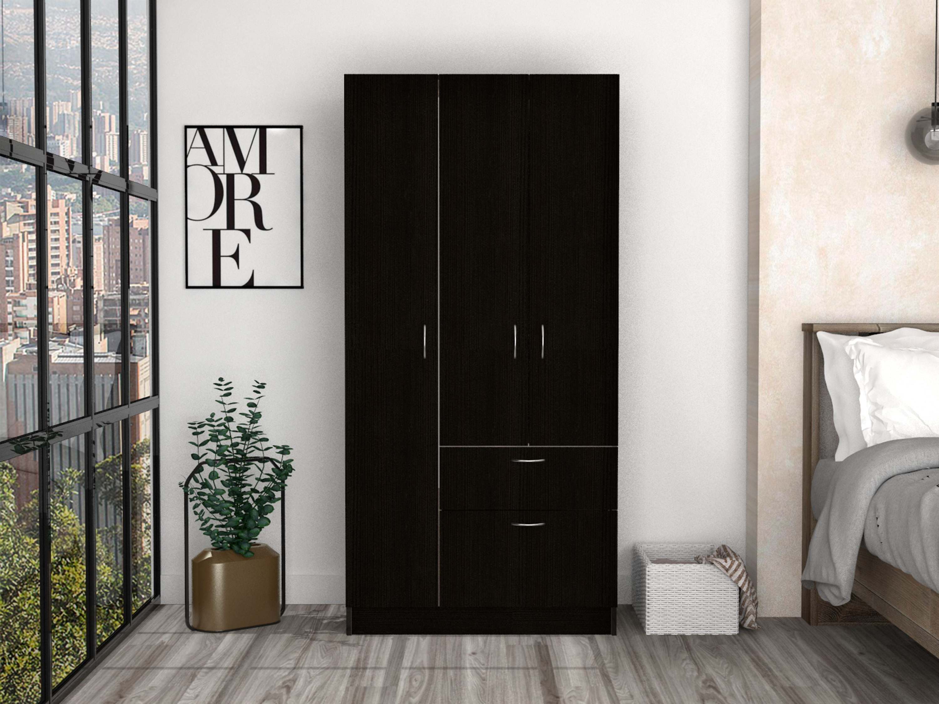 Primavera Armoire, Double Door Cabinets, One Drawer, Metal Rod, Five Shelves -Black / White - Grand Goldman Shop