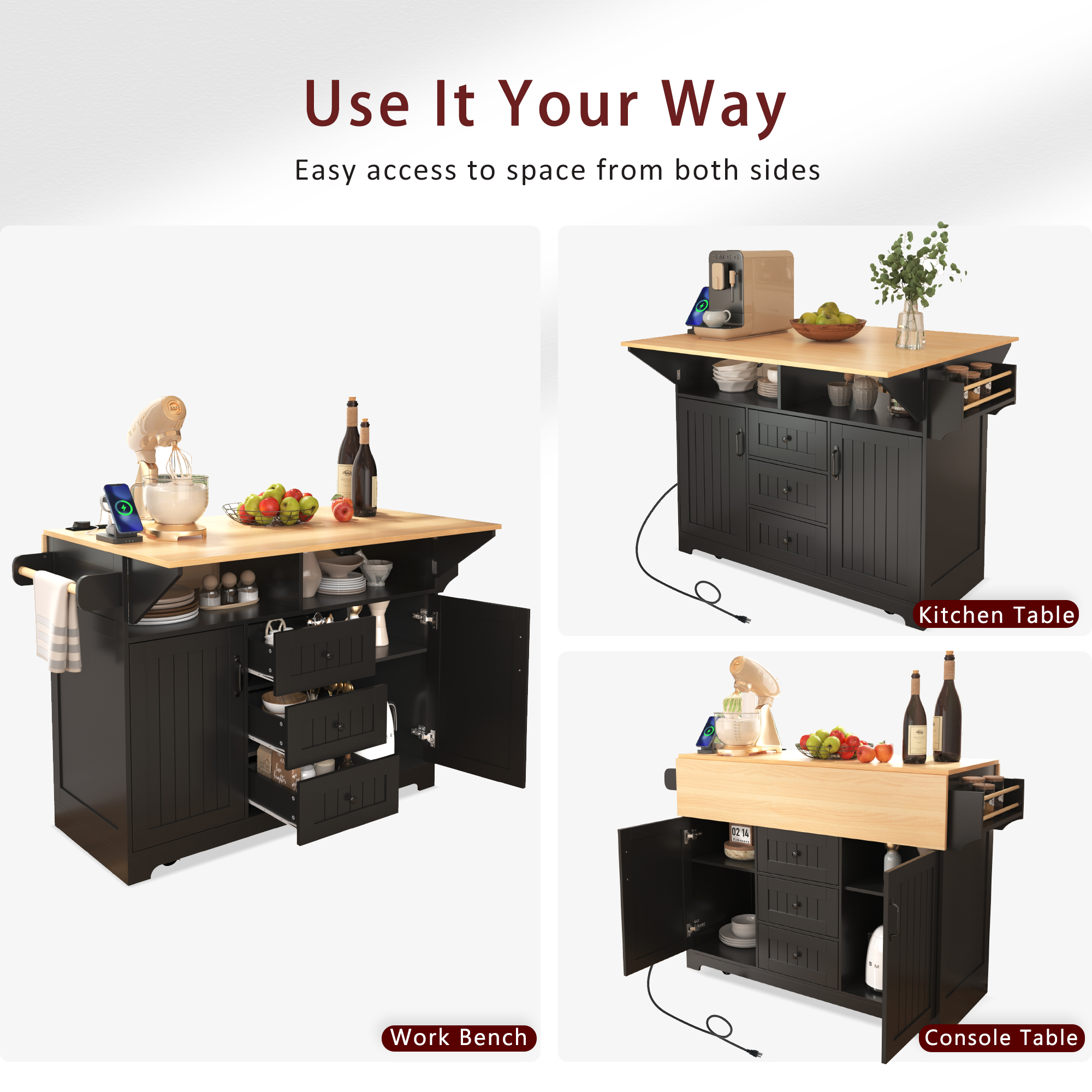 K&K 55.7'' Large Kitchen Island with 2 Drop Leaf,, Rolling Kitchen Cart on 5 Wheels with Power Outlet, Folding Storage Dining Table with Spice & Towel Rack , 3 Drawers, for Kitchen, Dining Room,Black - Grand Goldman Shop