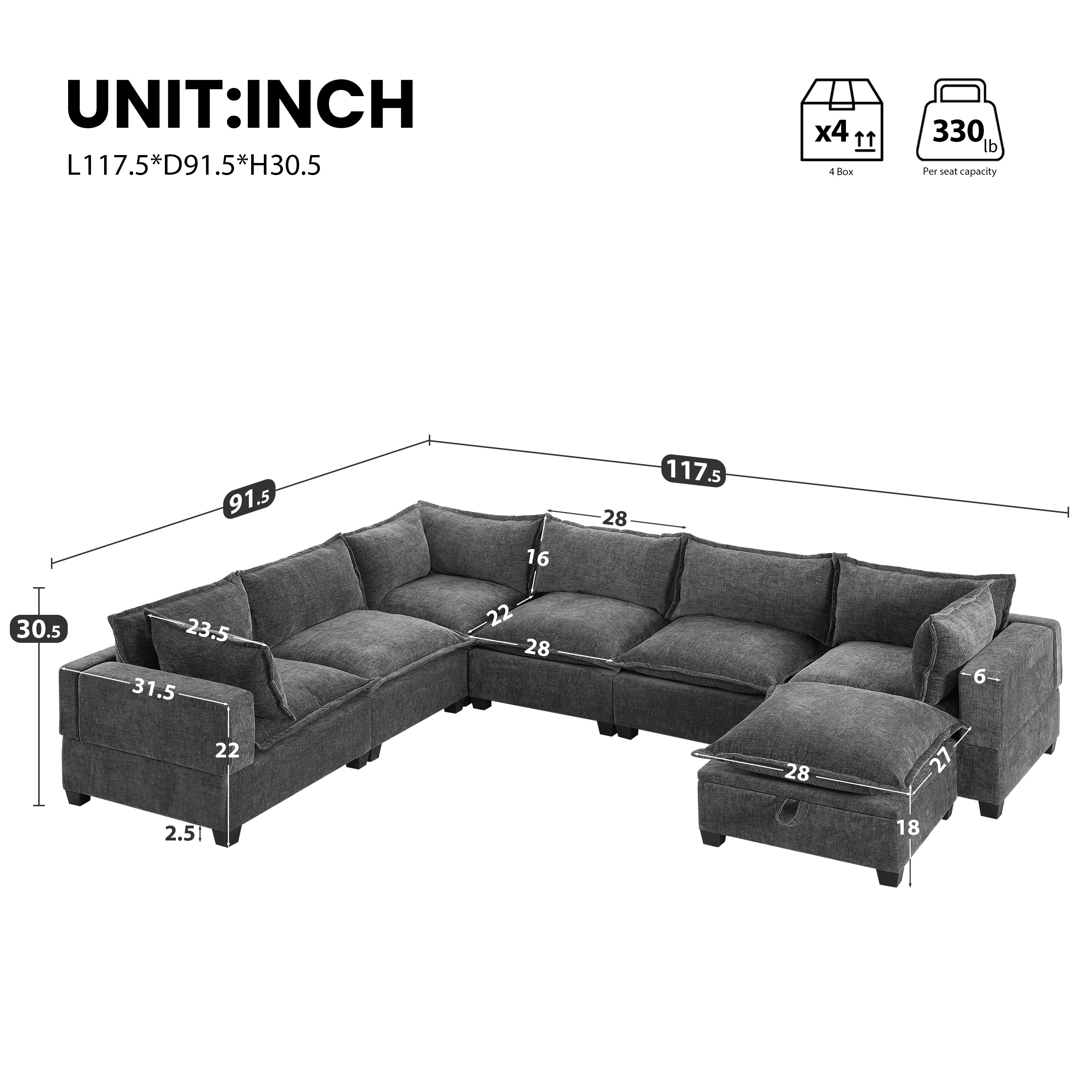 [VIDEO]117.5'' Modular Sectional Sofa with Movable Storage Ottoman, 7 Seat U Shaped Couch, Wide Seat & Free Combination, Oversized Chenille Sofa for Living Room & Apartment, 2 Colors - Grand Goldman Shop