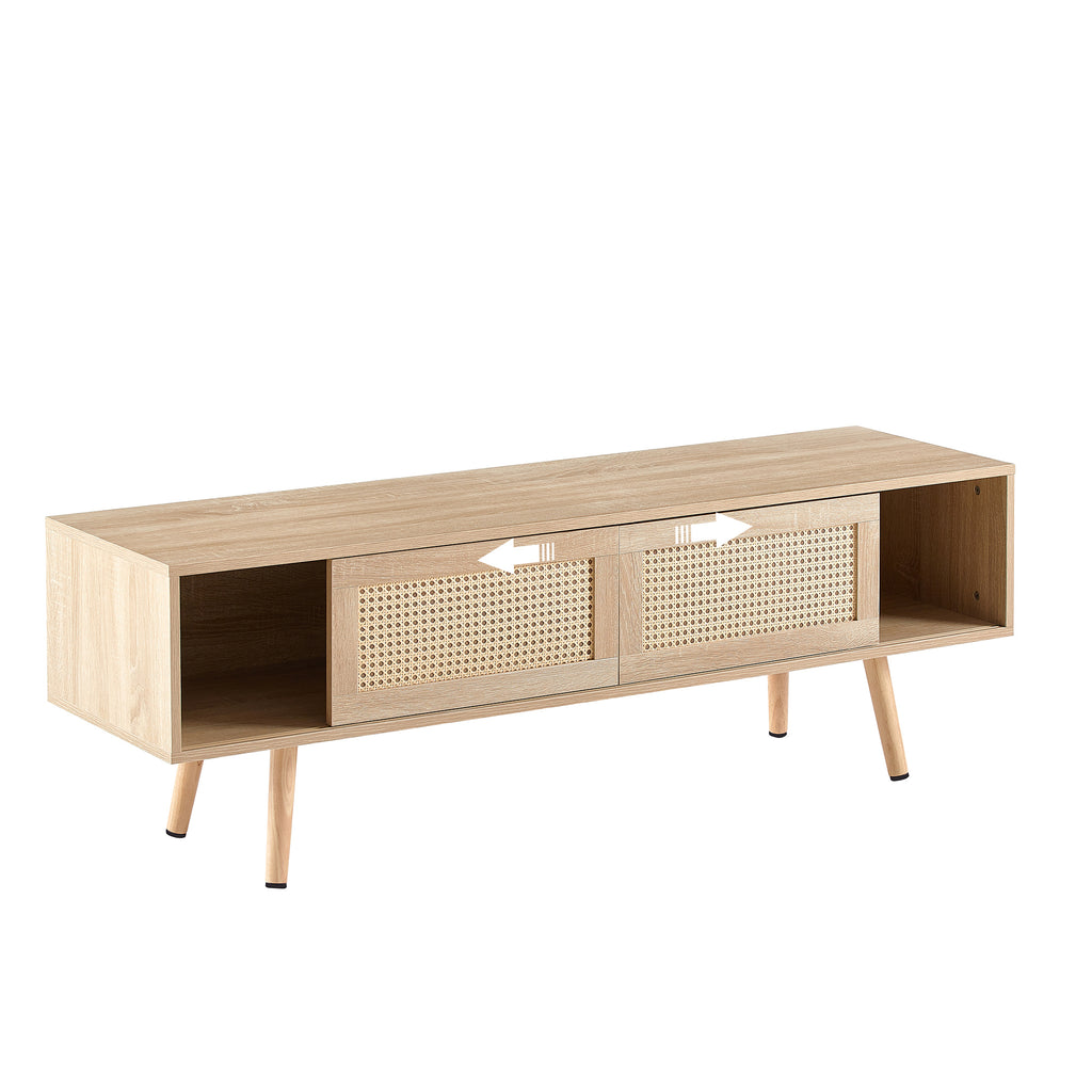 Natural Rattan TV Cabinet with Double Sliding Doors, Adjustable Shelf, Solid Wood Legs, 55.12 Inches - Grand Goldman Shop