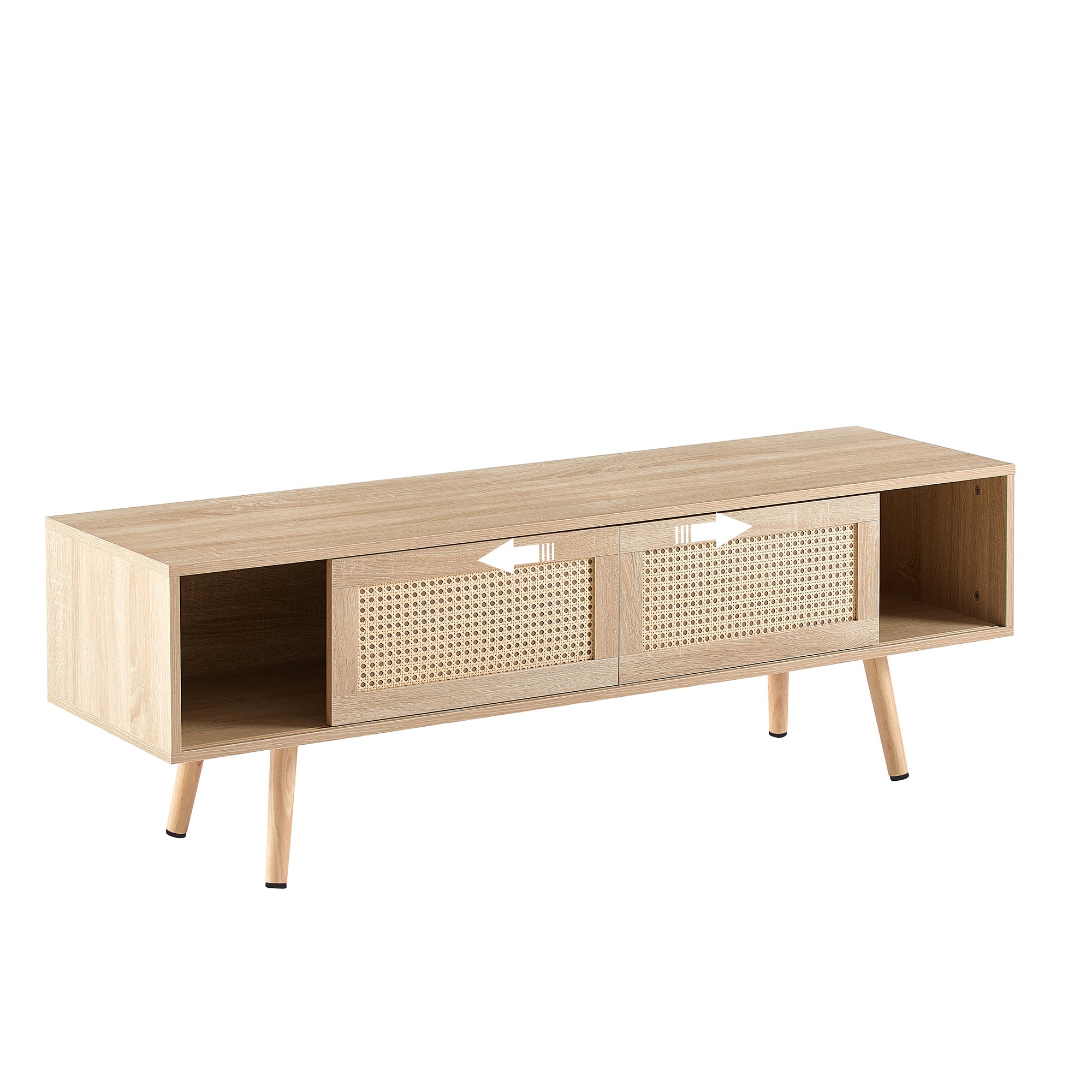Natural Rattan TV Cabinet with Double Sliding Doors, Adjustable Shelf, Solid Wood Legs, 55.12 Inches - Grand Goldman Shop