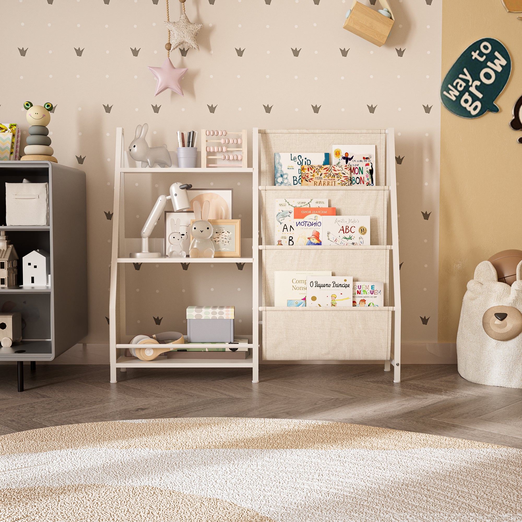 Kids Bookshelf and Toy Storage Organizer, Montessori Bookcase for Toddler Nursery, Wooden & Fabric Book Shelf with Anti-Tip S