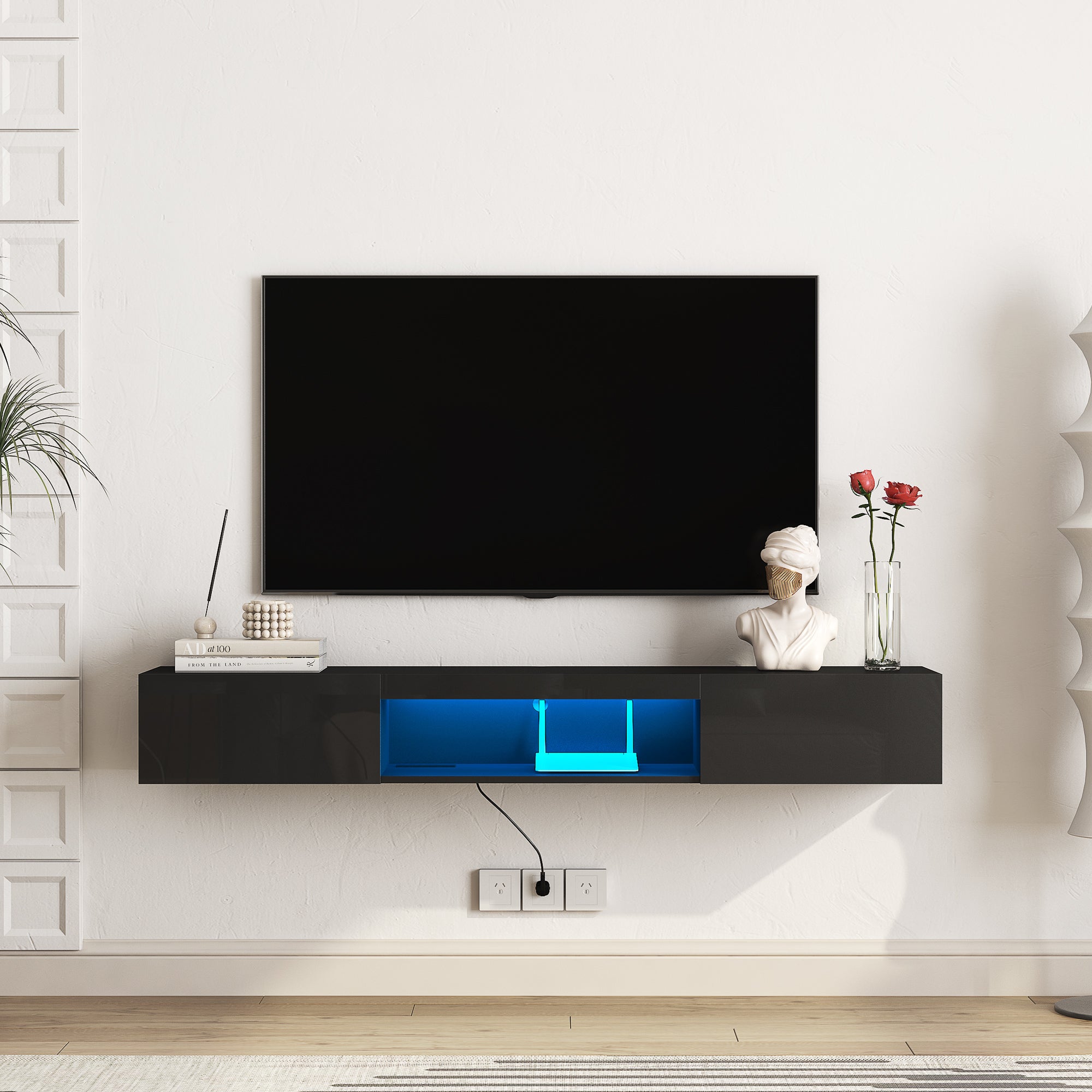 Floating TV Stand Wall Mounted with 16 Color LEDs,63' Modern TV Stand, Floating TV Cabinet Entertainment Center for 55 60 65 Inch TV,Black - Grand Goldman Shop