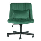 Green Velvet Criss Cross Armless Office Chair with Wheels - Comfortable & Stylish for Home Office, Meditation, and Makeup Use