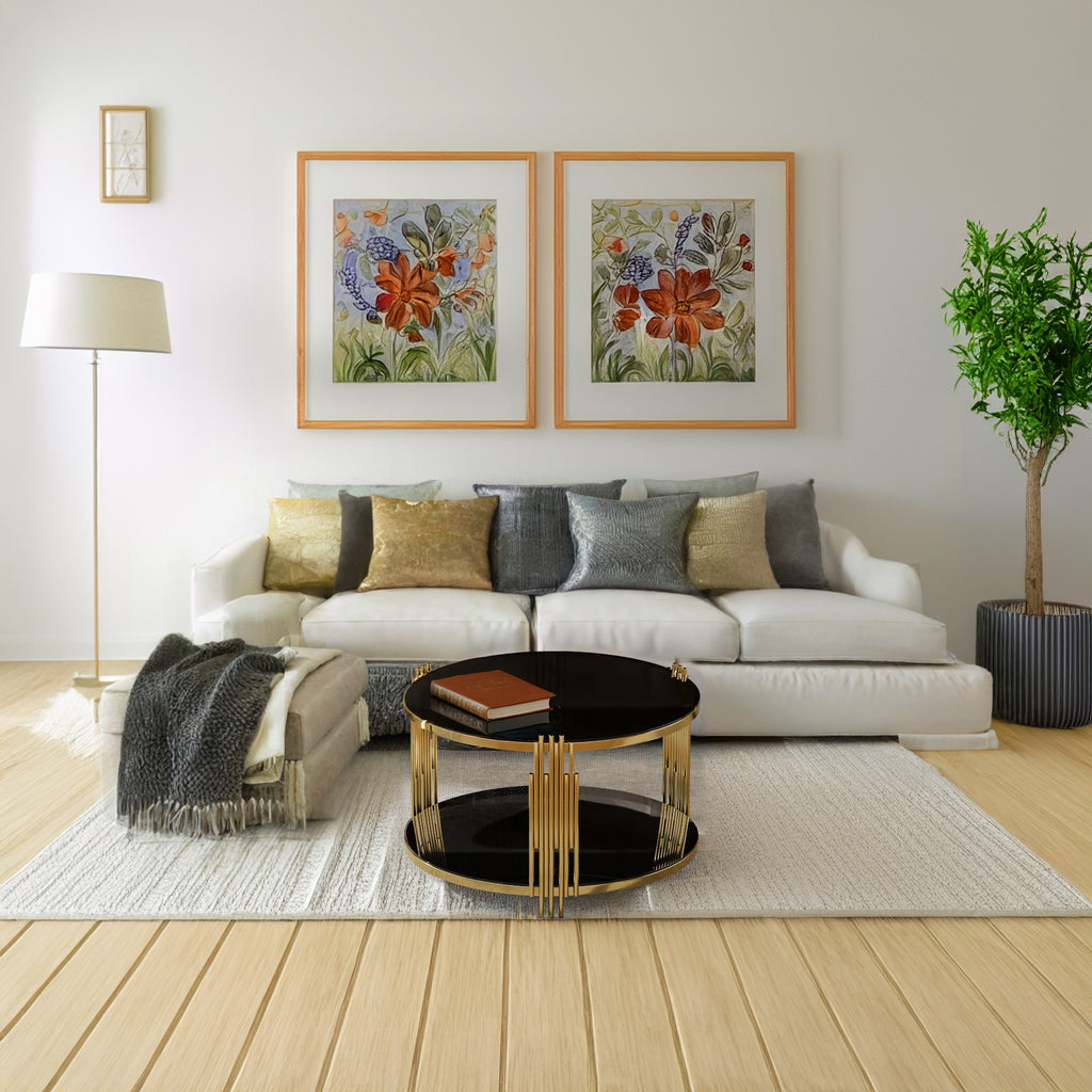 Modern Black Mirror Coffee Table, Asymmetrical Metal, Circular Metal Drum Base, Gold Finish & Lower Shelf - Grand Goldman Shop