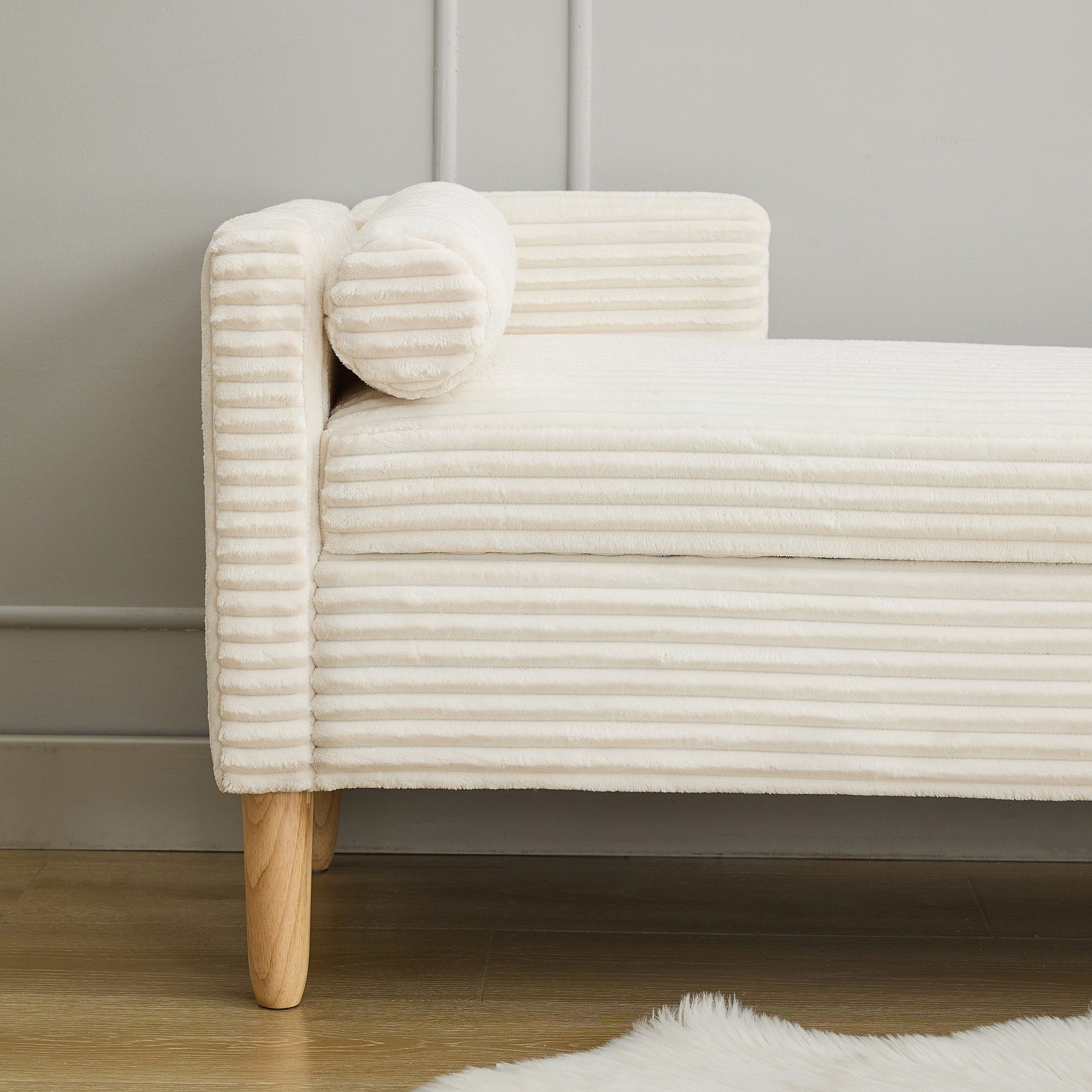 65.35'Wide Upholstered Flip-top Storage Accent Bed Bench, Corduroy Footrest Ottoman with Armrests&Backrest&2 Bolster Pillows Wood Legs for Living Room, End of Bed, Hallway, Entryway Bedroom. Ivory - Grand Goldman Shop