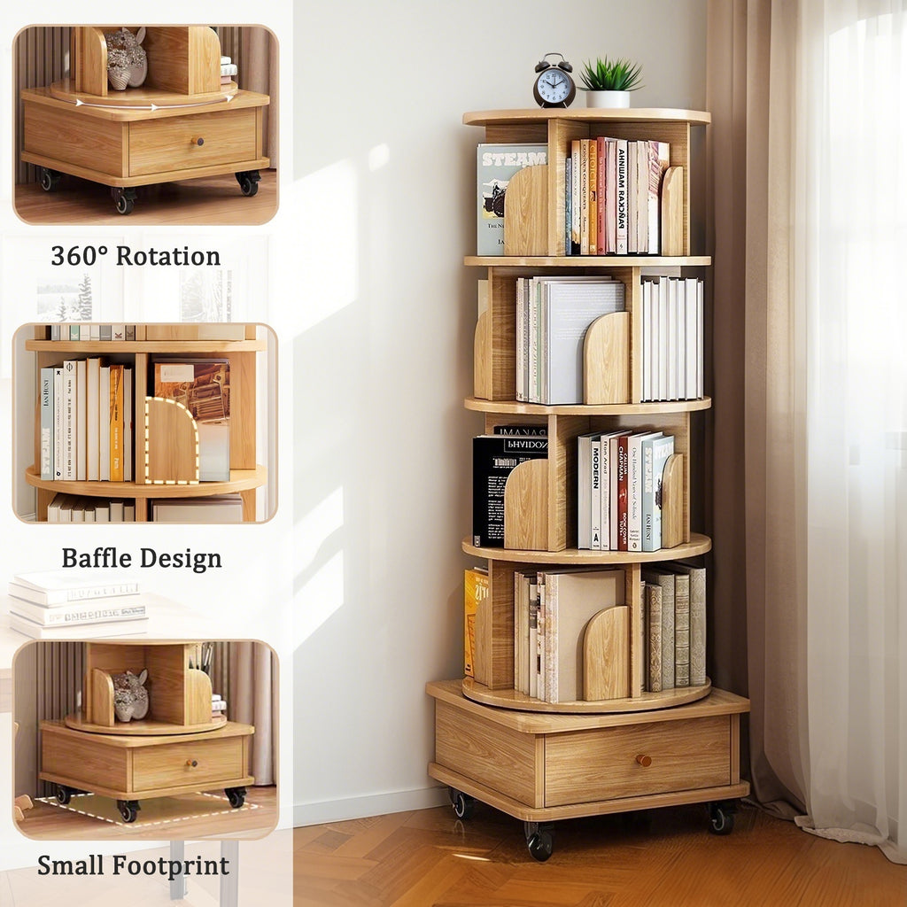 5 Tier Rotating Bookshelf, 360° Display Round Spinning Bookshelf with Wheels, Space-Saving, Small Space Rotating Bookshelf Tower for Bedroom, Living Room, Home, Office, Wood Color - Grand Goldman Shop