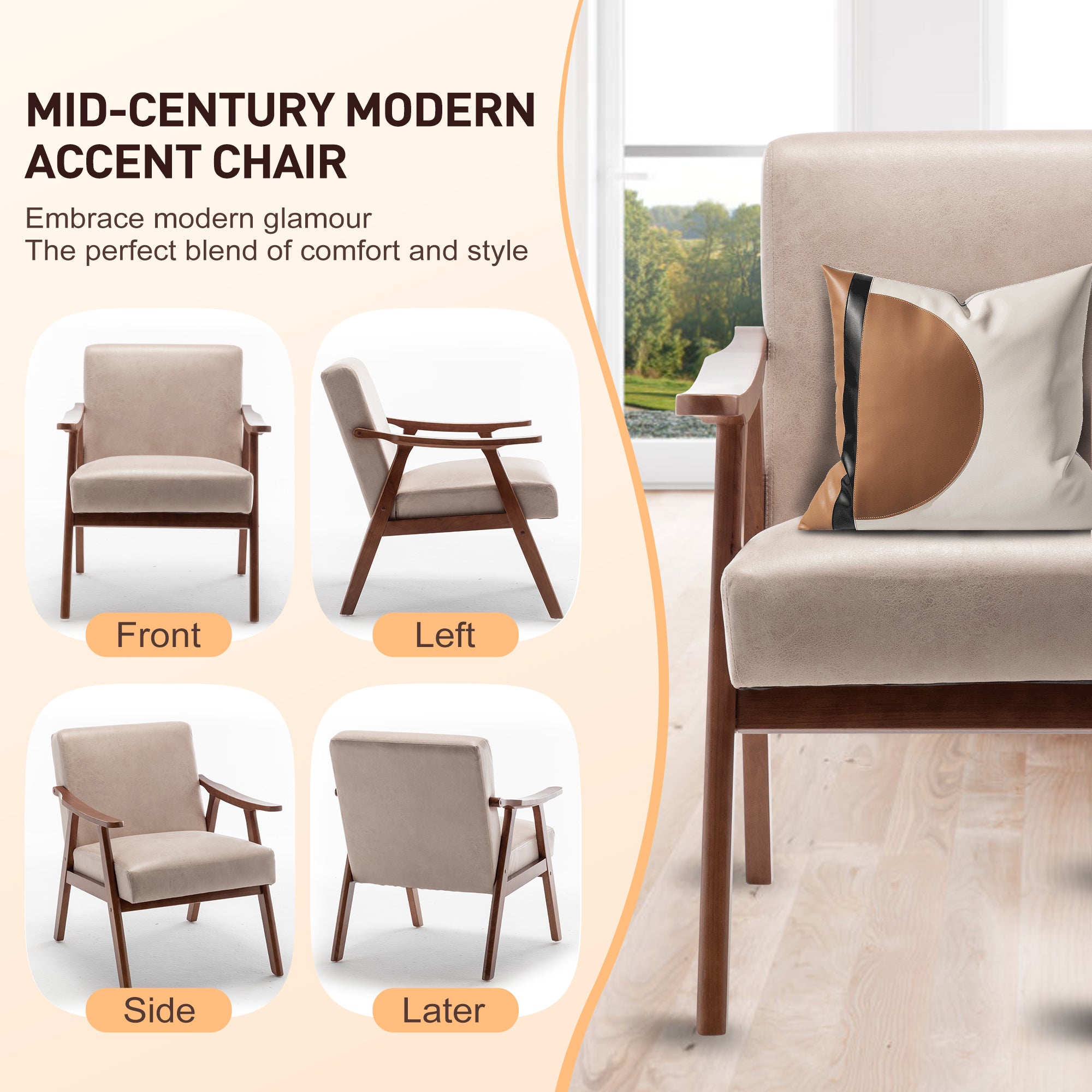 Mid-Century Modern Wingback Accent Chair with Solid Wood Frame and Extra-Thick Backrest – Lounge Chair for Living Room, Bedroom, or Reading Room - Grand Goldman Shop