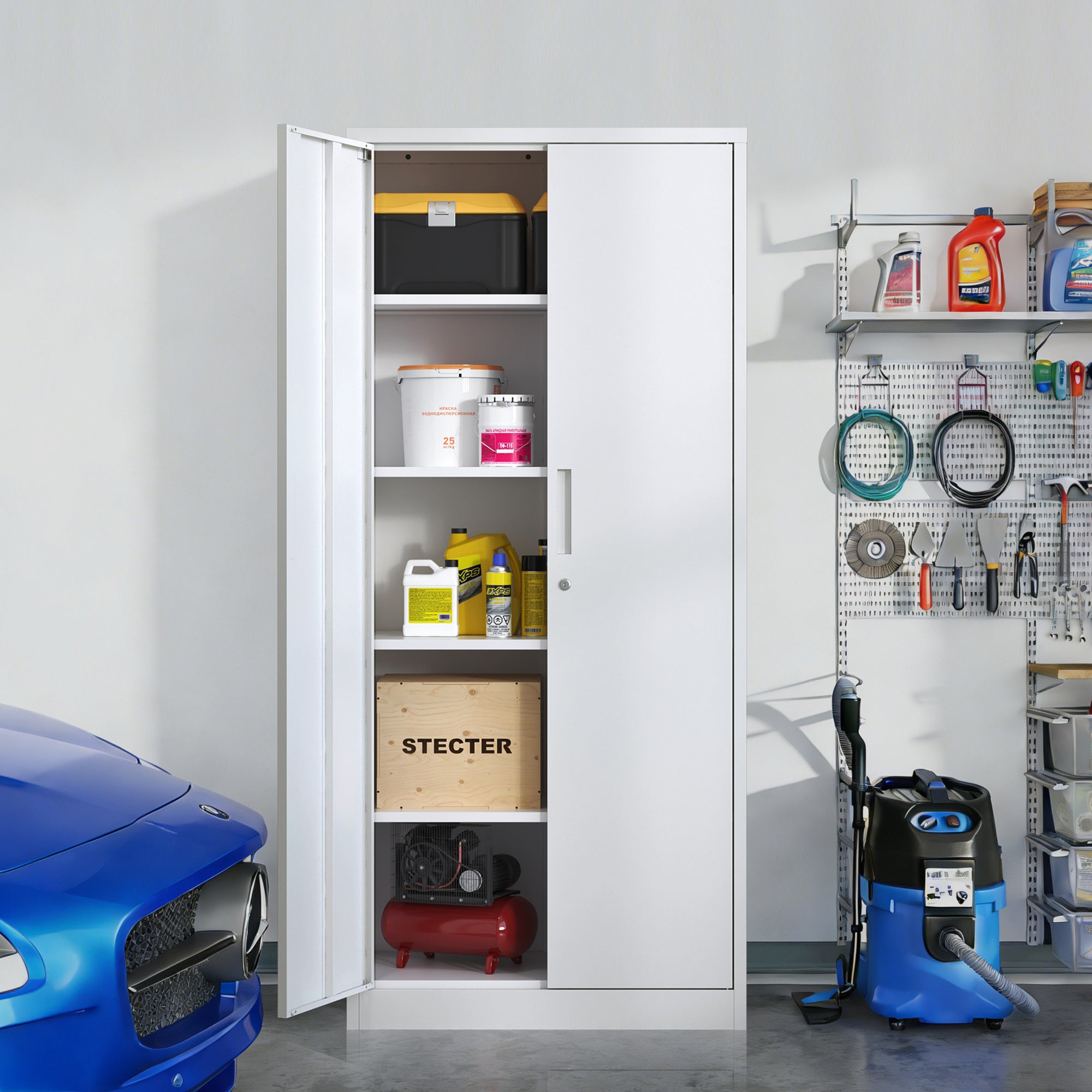 71'H Metal Garage Storage Cabinet, White Tool Steel Locking Cabinet with Doors and 4 Adjustable Shelves, Tall Cabinets for Ga