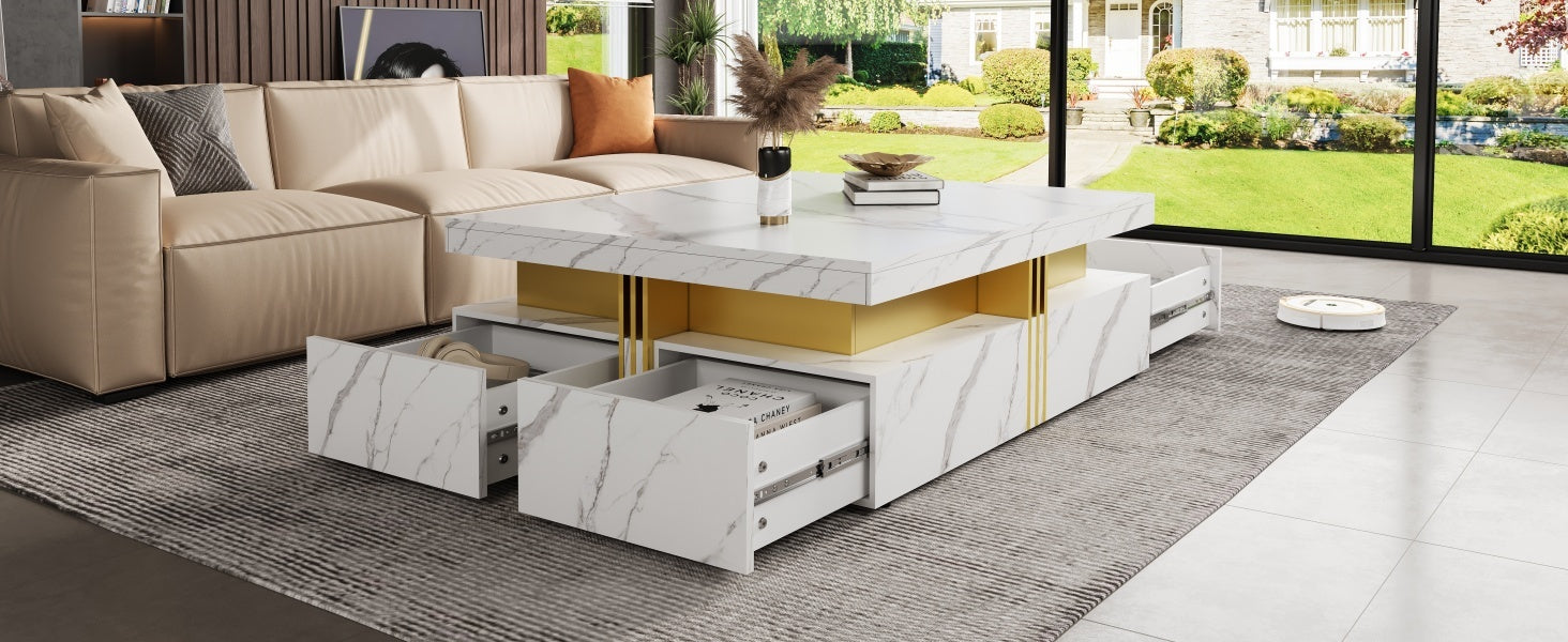 Modern White Square Storage Coffee Table with 4 Drawers - Grand Goldman Shop