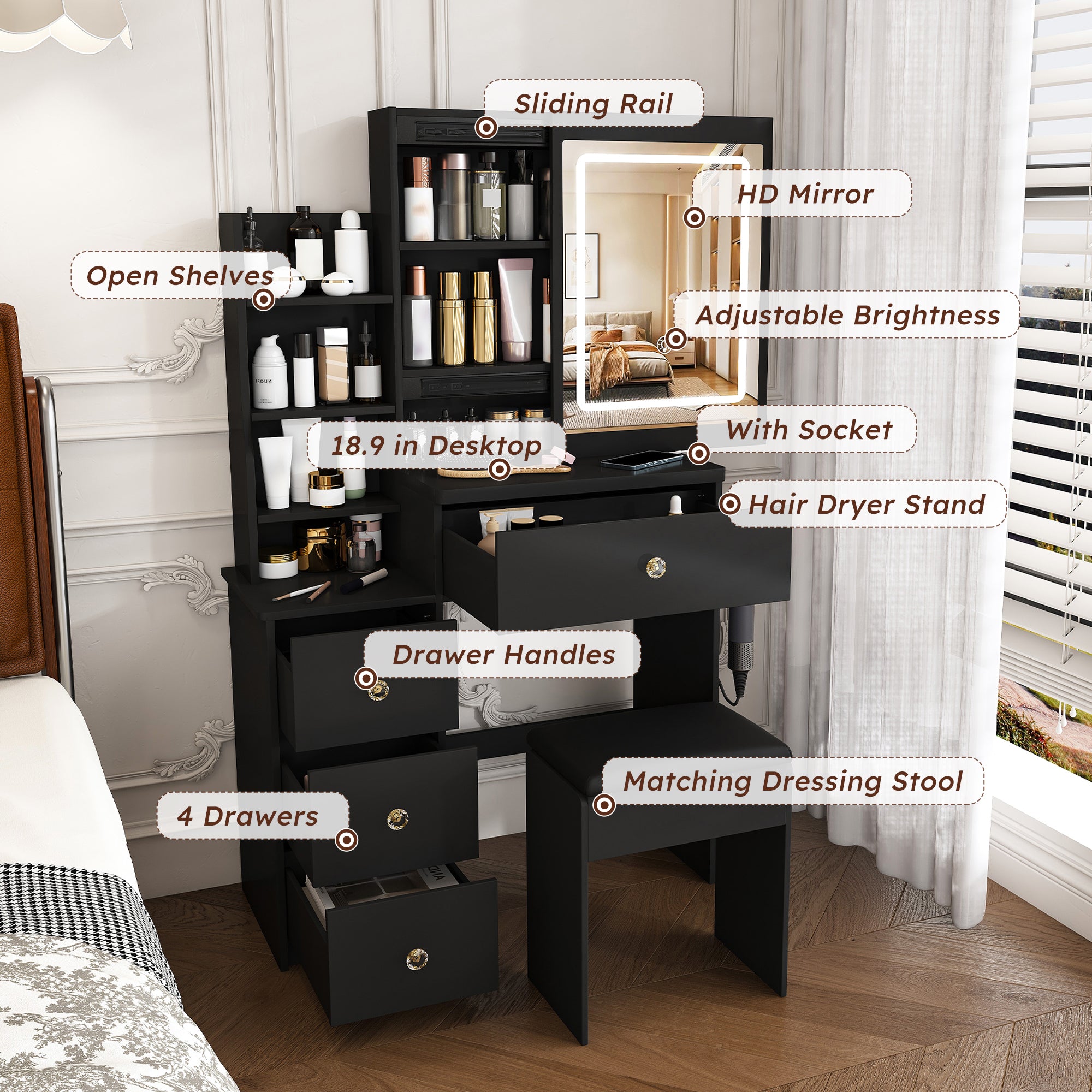 Modern Vanity Desk with 3 LED Lighting Modes, 4 Drawers, Open Shelves, Hair Dryer Holder & Power Socket, Black MDF Dressing Table Set with Chair - Grand Goldman Shop