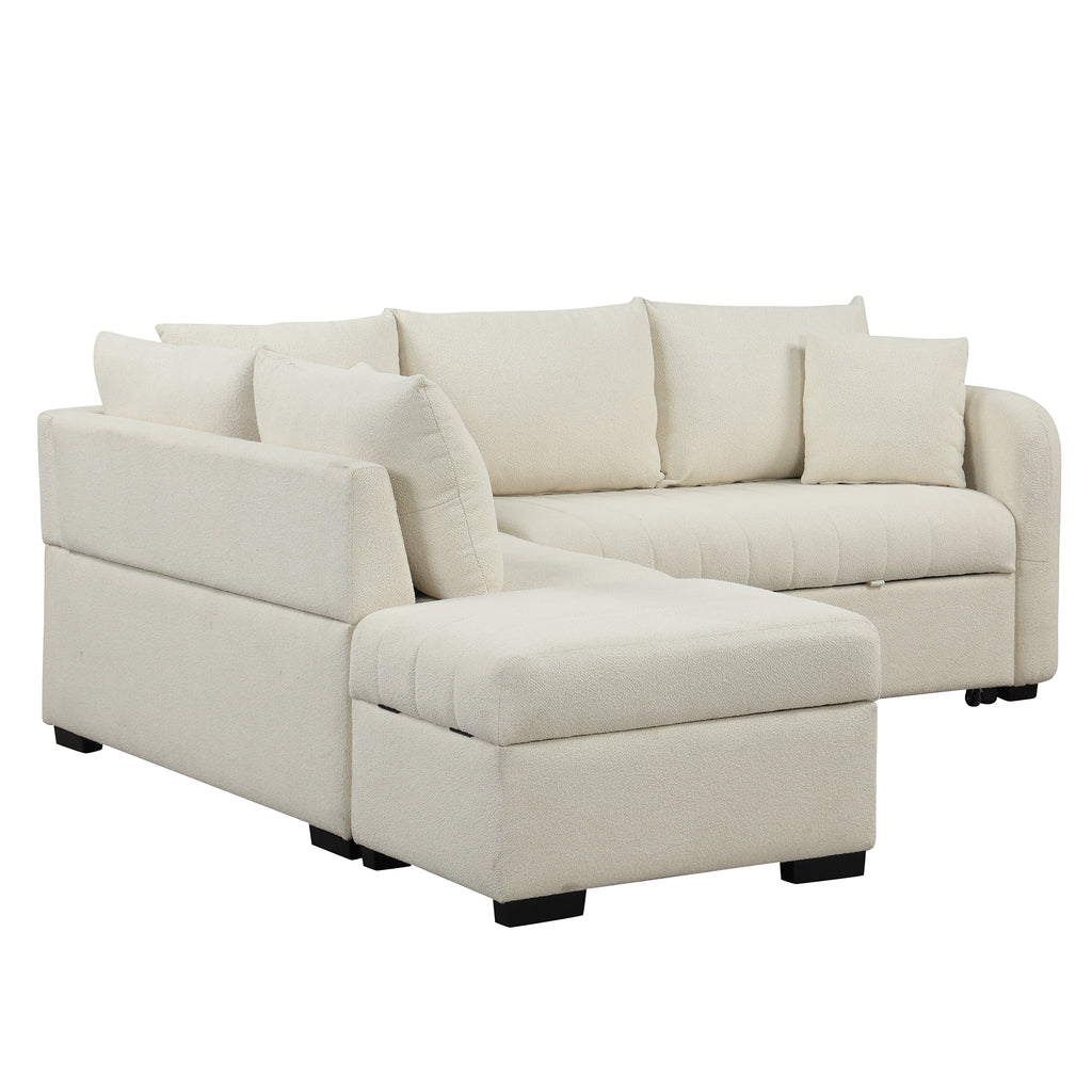 Modern L-shaped Sectional Pull Out Sofa Bed with USB Ports and Storage Ottoman, Beige, Jacquard Fabric, 82.6' - Grand Goldman Shop