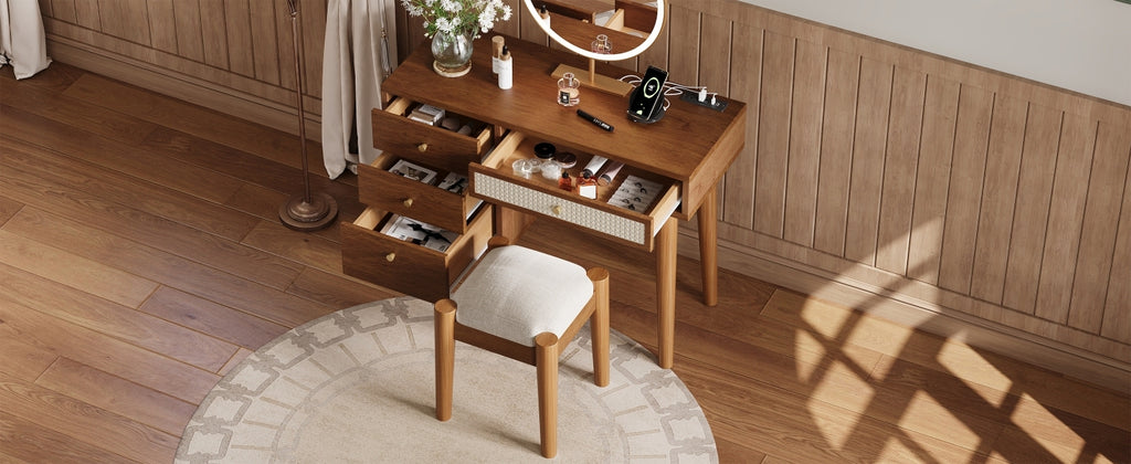 39' Retro Bohemian Style Wooden Makeup Vanity Set with Charging Plug&USB Port and Stool, Dressing Table with 3 Storage Drawers and 1 Rectangular Rattan Drawer, Walnut - Grand Goldman Shop