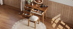 39' Retro Bohemian Style Wooden Makeup Vanity Set with Charging Plug&USB Port and Stool, Dressing Table with 3 Storage Drawers and 1 Rectangular Rattan Drawer, Walnut - Grand Goldman Shop