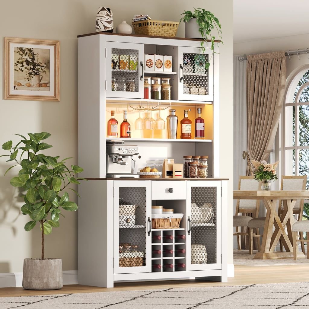 70.9' Kitchen Pantry Storage Cabinet Rustic Buffet Cabinet, Kitchen Hutch Cabinet with LED Outlets Food Pantry Cabinet with Doors and Shelves Wine Rack for Dining Room, White - Grand Goldman Shop