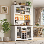 70.9' Kitchen Pantry Storage Cabinet Rustic Buffet Cabinet, Kitchen Hutch Cabinet with LED Outlets Food Pantry Cabinet with Doors and Shelves Wine Rack for Dining Room, White - Grand Goldman Shop