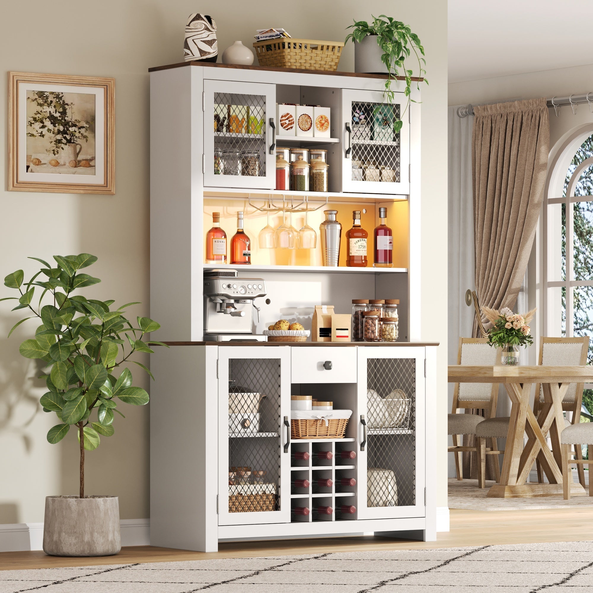 70.9' Kitchen Pantry Storage Cabinet Rustic Buffet Cabinet, Kitchen Hutch Cabinet with LED Outlets Food Pantry Cabinet with Doors and Shelves Wine Rack for Dining Room, White - Grand Goldman Shop