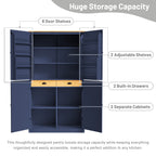 [Assembly Video Provided]TOPMAX 40.2x20x71.3inch High Freestanding Kitchen Pantry Large Cupboard Storage Cabinet with 2 Drawers, 2 Adjustable Shelves, 8 Door Shelves for Kitchen, Dining Room,Blue - Grand Goldman Shop