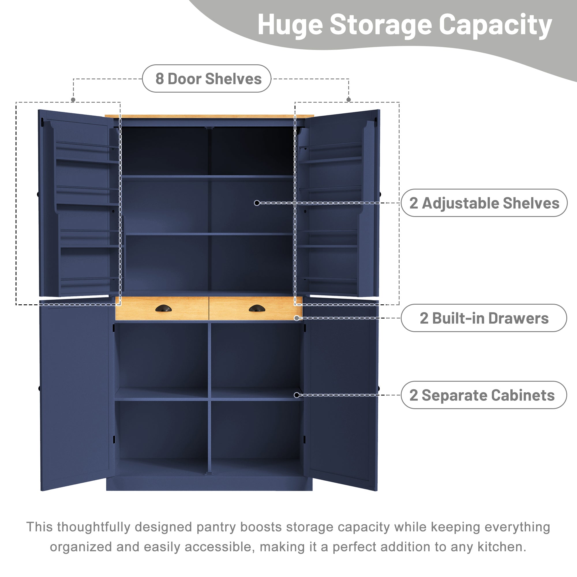 [Assembly Video Provided]TOPMAX 40.2x20x71.3inch High Freestanding Kitchen Pantry Large Cupboard Storage Cabinet with 2 Drawers, 2 Adjustable Shelves, 8 Door Shelves for Kitchen, Dining Room,Blue - Grand Goldman Shop