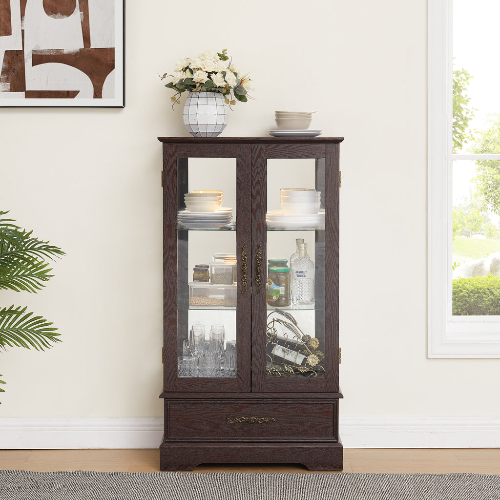 Glass Cabinet Lighted Glass Cabinet Curio Display Cabinet with Adjustable Glass Shelves 2 Doors and 1 drawer Cabinet Bulb Included Cherry - Grand Goldman Shop